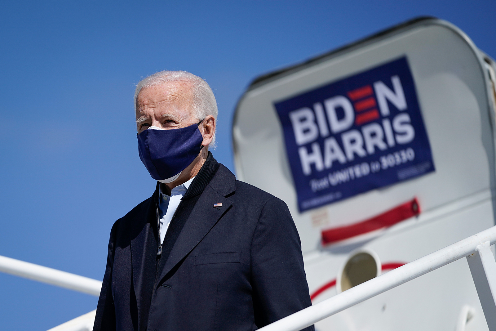 Democratic presidential nominee Joe Biden arrives at Raleigh-Durham International Airport on October 18, in Morrisville, North Carolina.