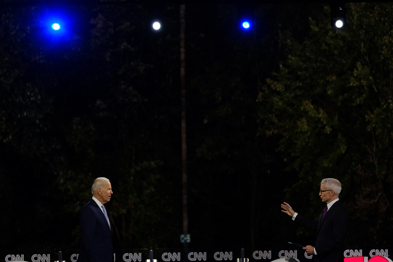 Democratic presidential nominee Joe Biden speaks with CNN's Anderson Cooper at the CNN Presidential Town Hall in Scranton, Pennsylvania, on Thursday.