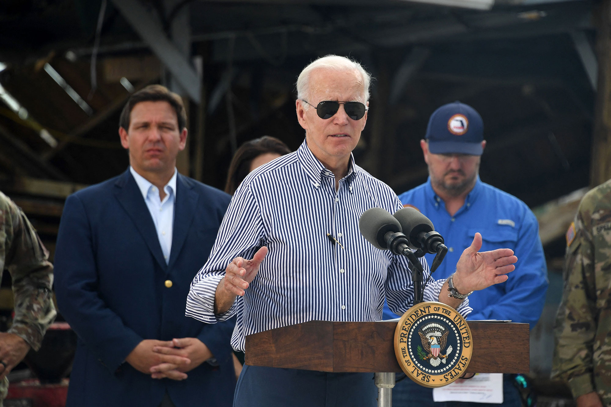 President Joe Biden speaks in a neighborhood impacted by Hurricane Ian in Fort Myers, Florida, on October 5. 