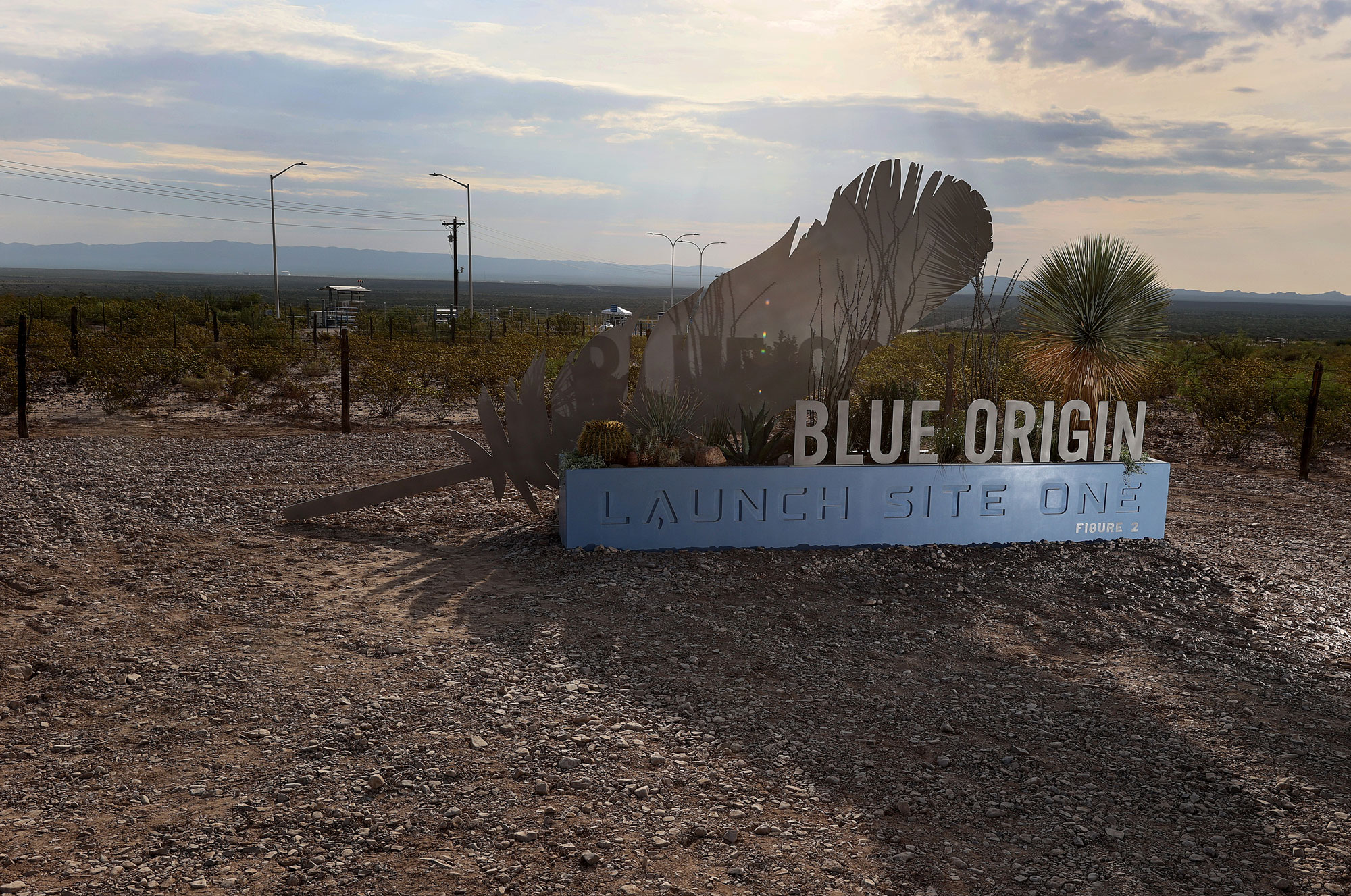 The sign outside of Jeff Bezos’ Blue Origin operations in West Texas on July 19 in Van Horn, Texas. 
