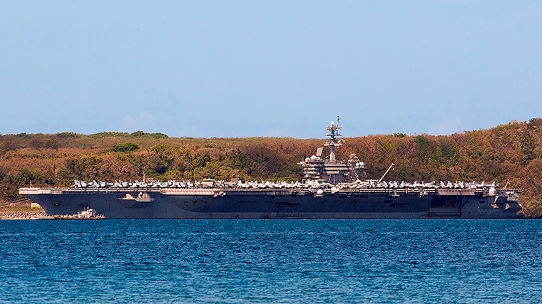 The USS Theodore Roosevelt docked at Naval Base Guam in Apra Harbor on April 10. 