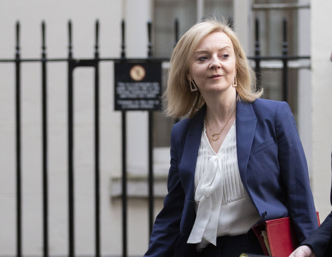 British Foreign Secretary Liz Truss leaves Downing Street, London, after an emergency meeting on February 22. 