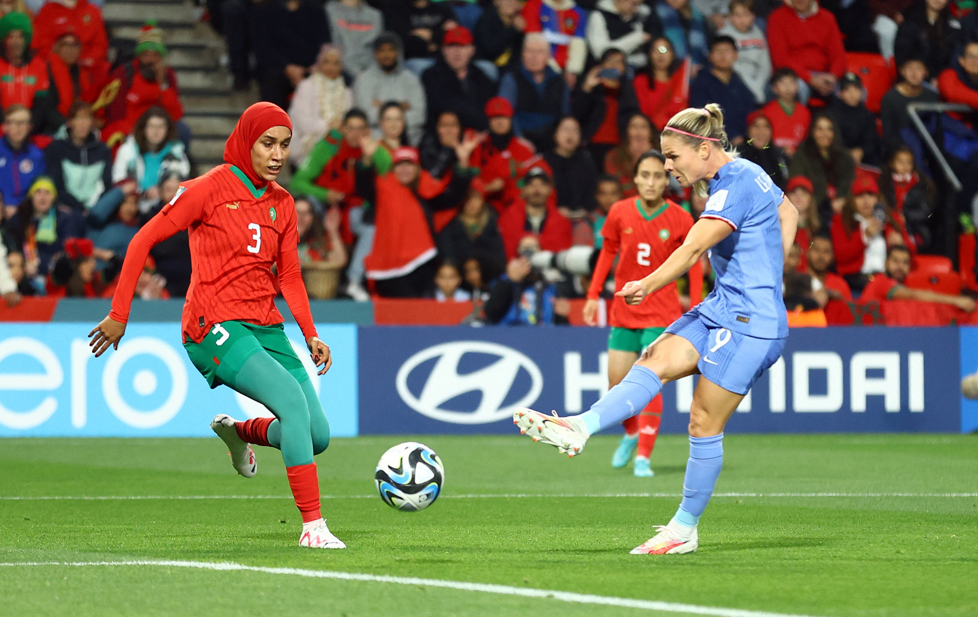 France's Eugenie Le Sommer scores their third goal during France v Morocco at Hindmarsh Stadium, in Adelaide, Australia, on August 8.