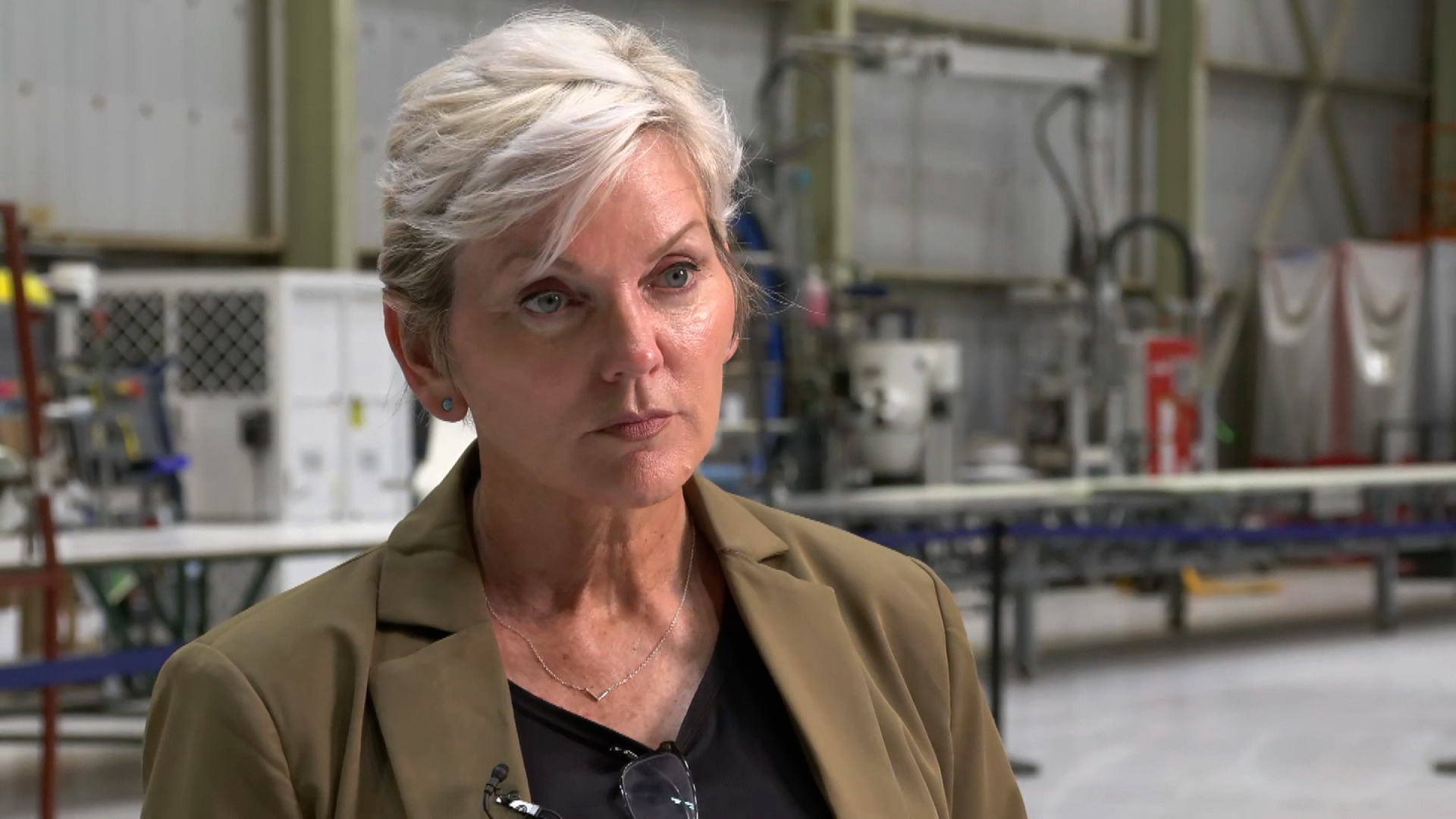 Energy Secretary Jennifer Granholm during a CNN interview at a General Electric wind turbine facility in New Orleans on May 24.