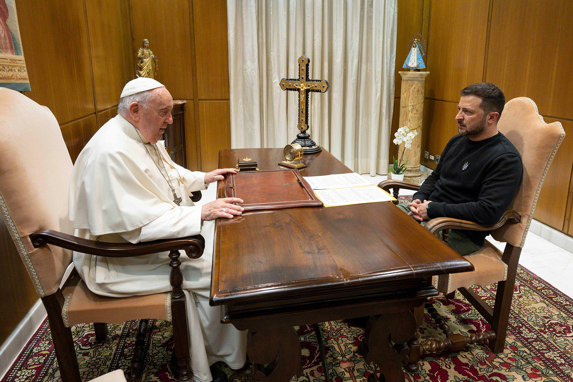Ukrainian President Volodymyr Zelensky meets with Pope Francis at The Vatican on May 13. 