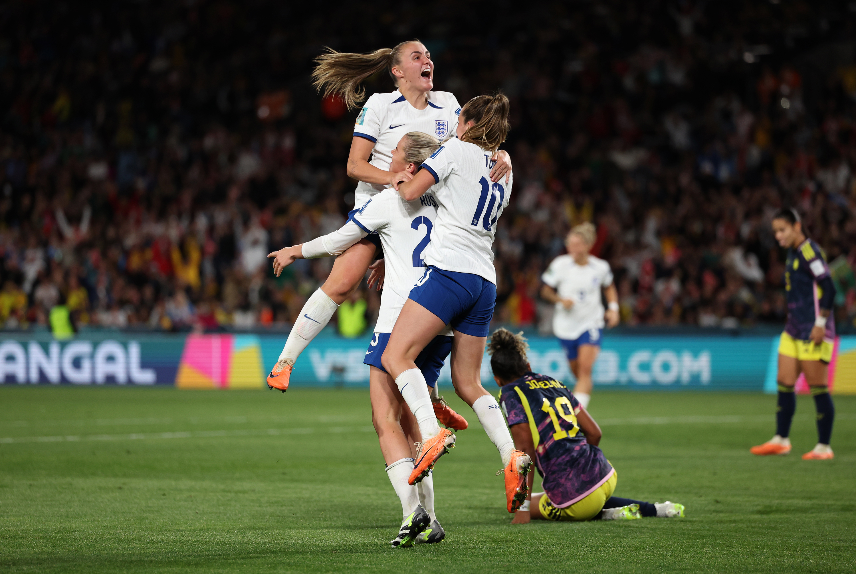 England's Alessia Russo celebrates with Georgia Stanway and Ella Toone after scoring their side's second goal of the game.