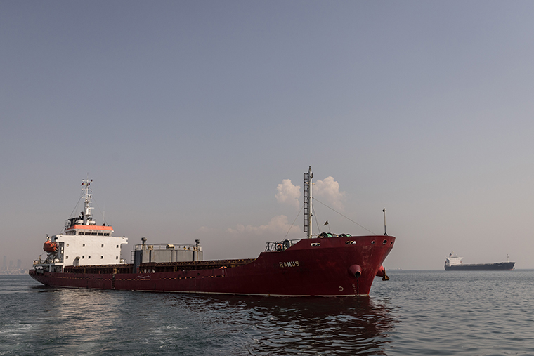 The MV Ramus vessel carrying 6,161 tons of wheat from Ukraine is seen anchored in the Marmara sea ahead of an inspection by representatives working for the Joint Coordination Centre on August 18, in Istanbul, Turkey. 
