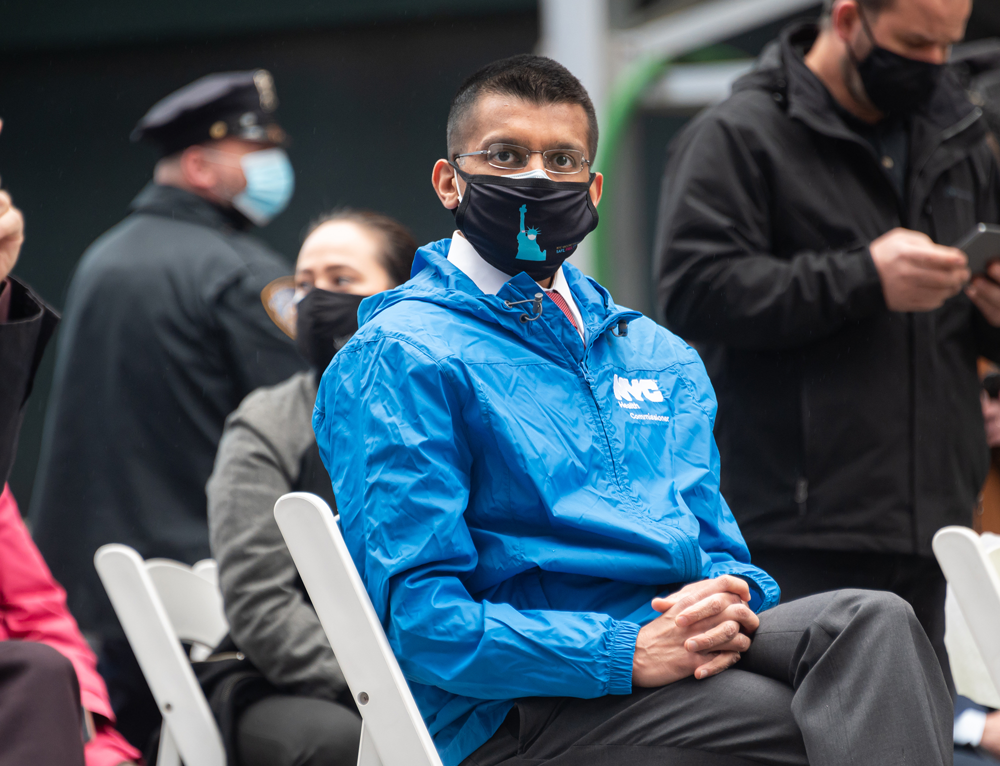 Commissioner of the New York City Department of Health and Mental Hygiene Dr. Dave A. Chokshi attends the opening of a vaccination center for Broadway workers in Times Square on April 12, 2021 in New York City.