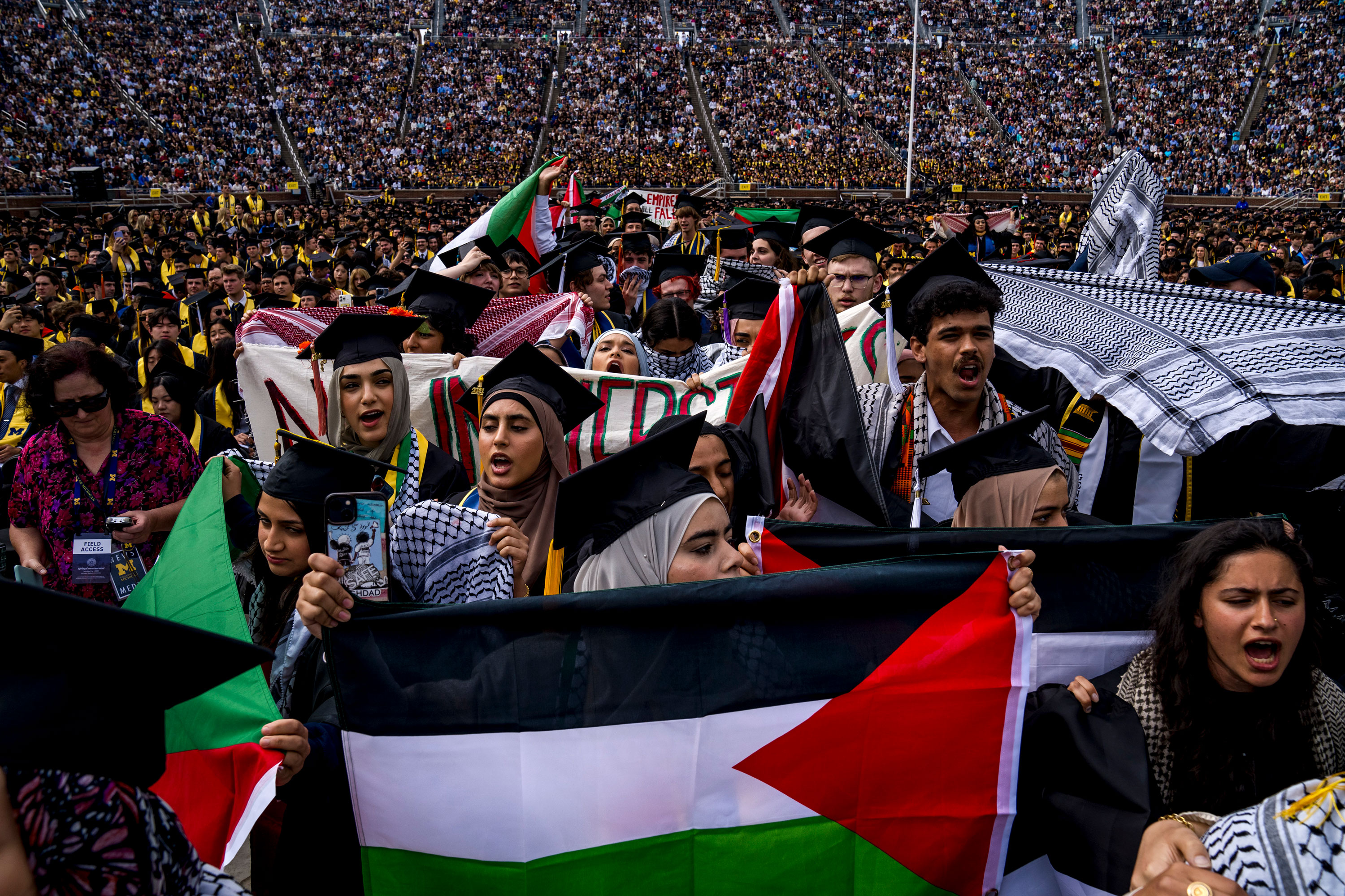 Students demonstrate during a pro-Palestinian protest during the University of Michigan's spring commencement ceremony in Ann Arbor, Michigan, on May 4. Nic Antaya/Getty Images