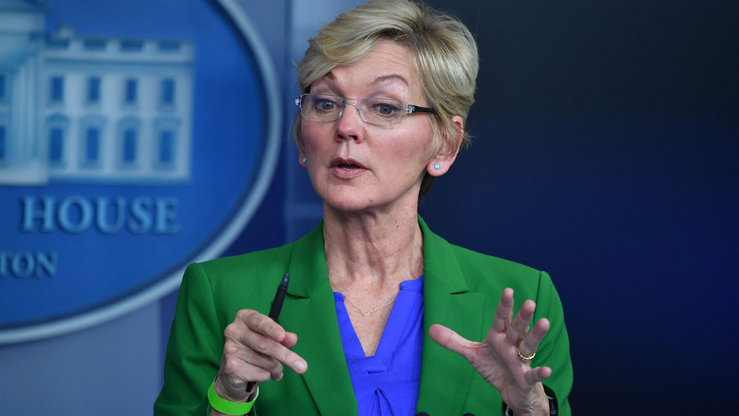 Secretary of Energy Jennifer Granholm holds a press briefing in the Brady Briefing Room of the White House in Washington on May 11.