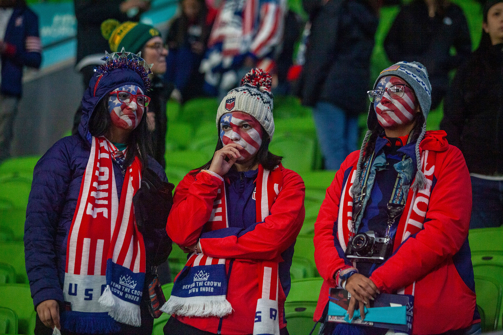 US fans look on dejected after the team was eliminated against Sweden in Melbourne on August 6.   