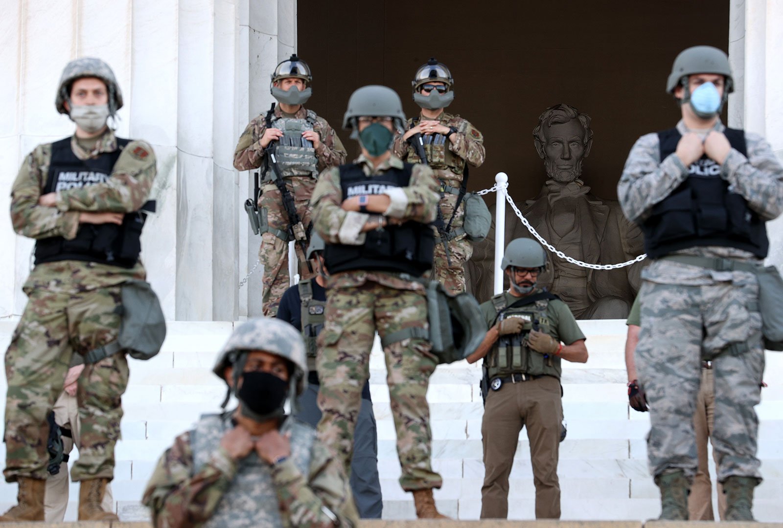 Members of the DC National Guard stand on the steps of the Lincoln Memorial on June 2.