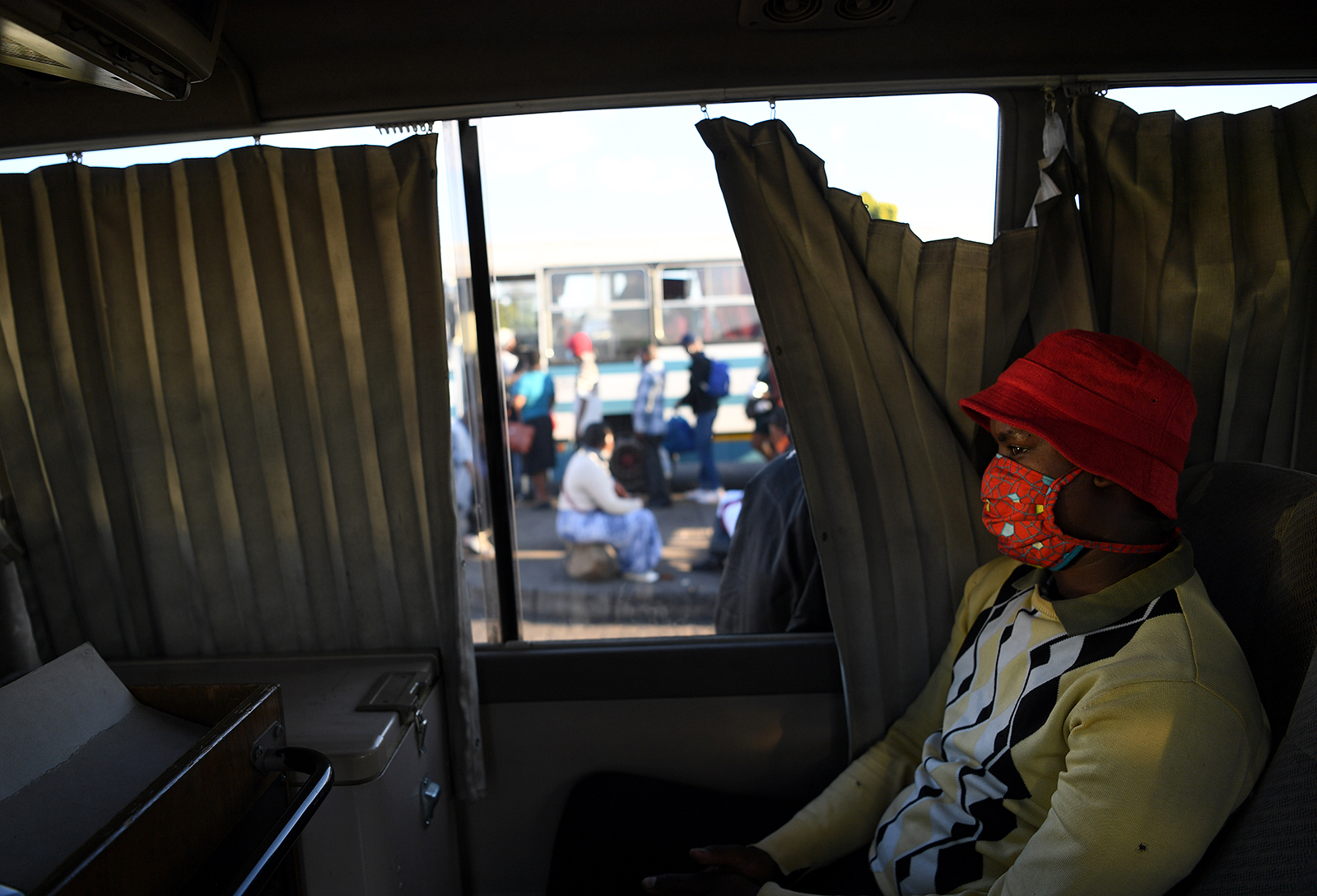 A commuter wears a face mask on a bus in Gaborone, Botswana on May 21.