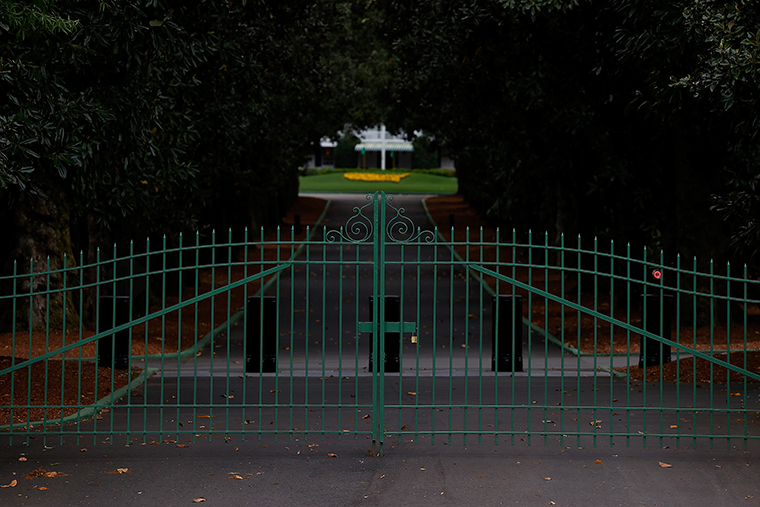 A view of the locked gates at the entrance of Magnolia Lane off Washington Road that leads to the clubhouse of Augusta National on March 30,  in Augusta, Georgia. 