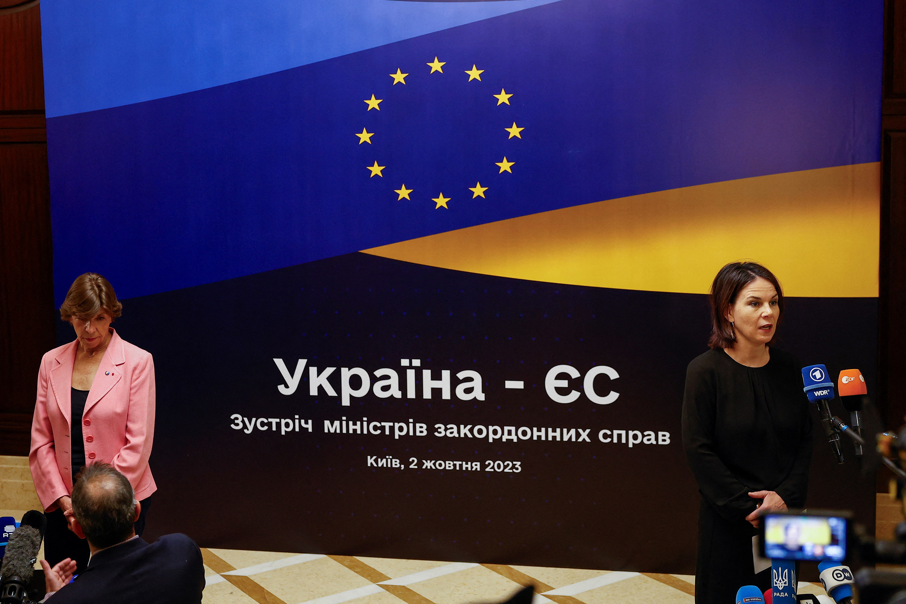 French Minister for Europe and Foreign Affairs Catherine Colonna and German Foreign Minister Annalena Baerbock speak to the media before a meeting in Kyiv, Ukraine, on October 2. 