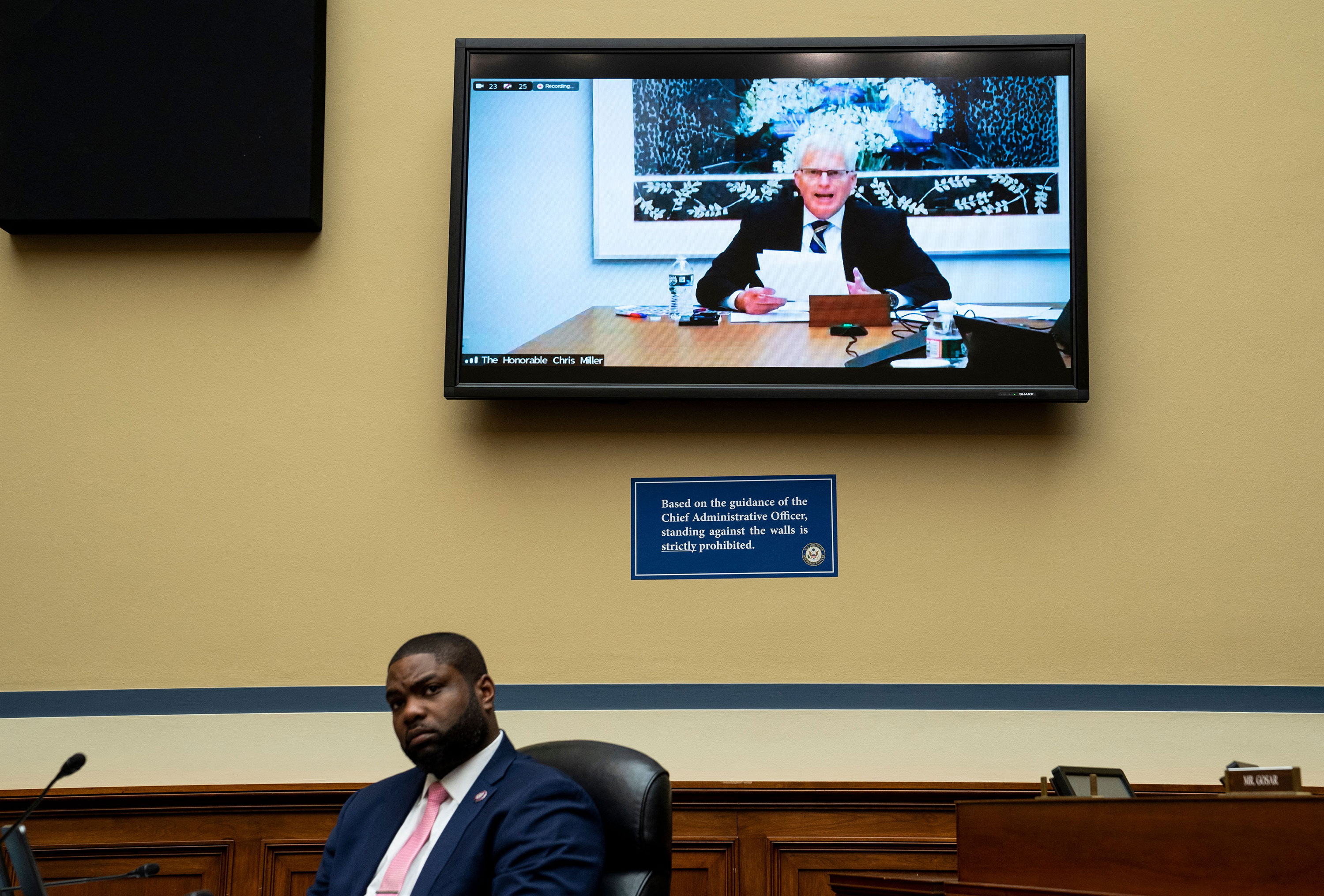 Rep. Byron Donalds listens as former acting Secretary of Defense Christopher Miller testifies virtually during the House Oversight and Reform Committee hearing on May 12.