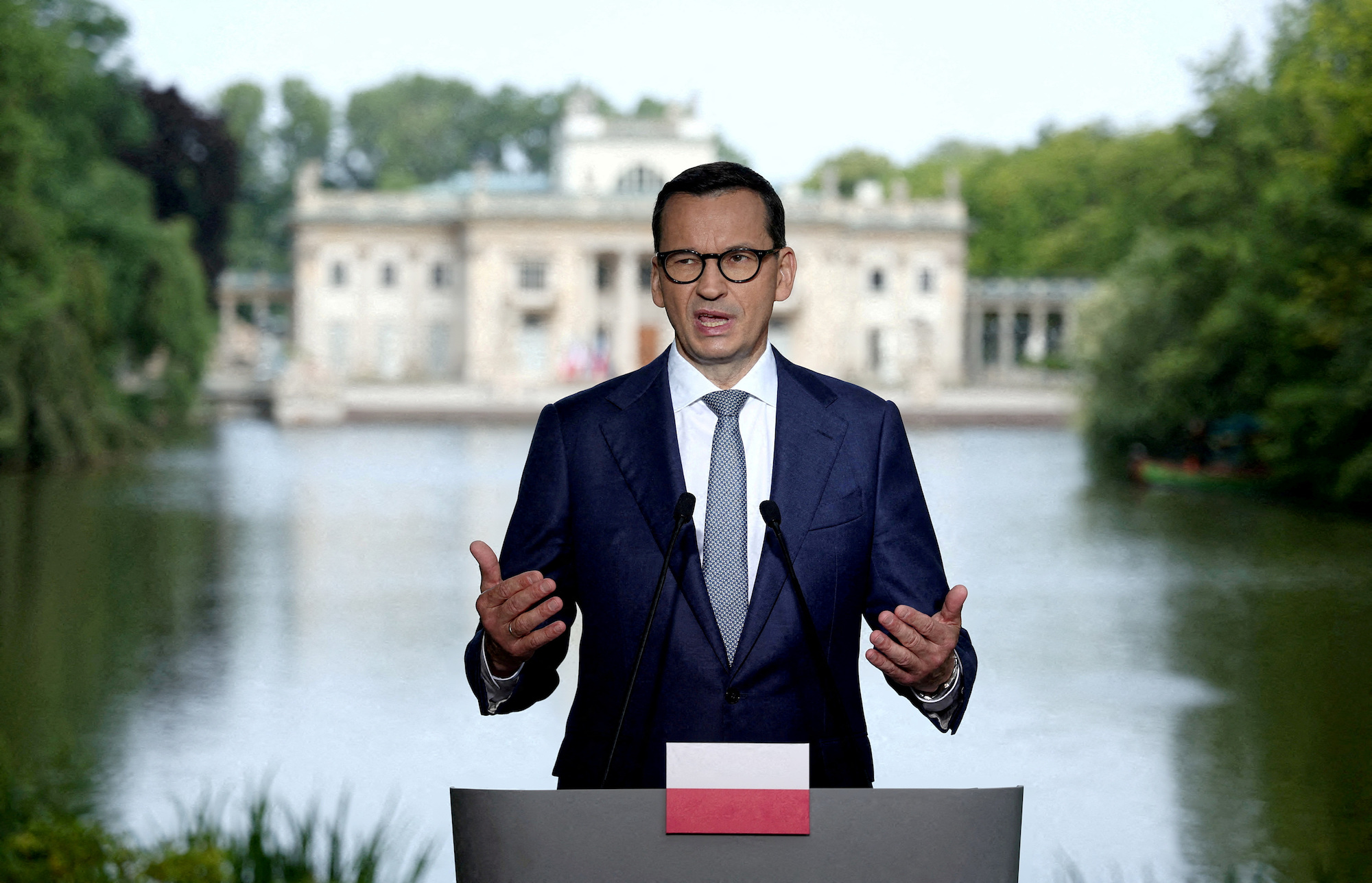 Polish Prime Minister Mateusz Morawiecki attends a press conference in Warsaw on July 5.