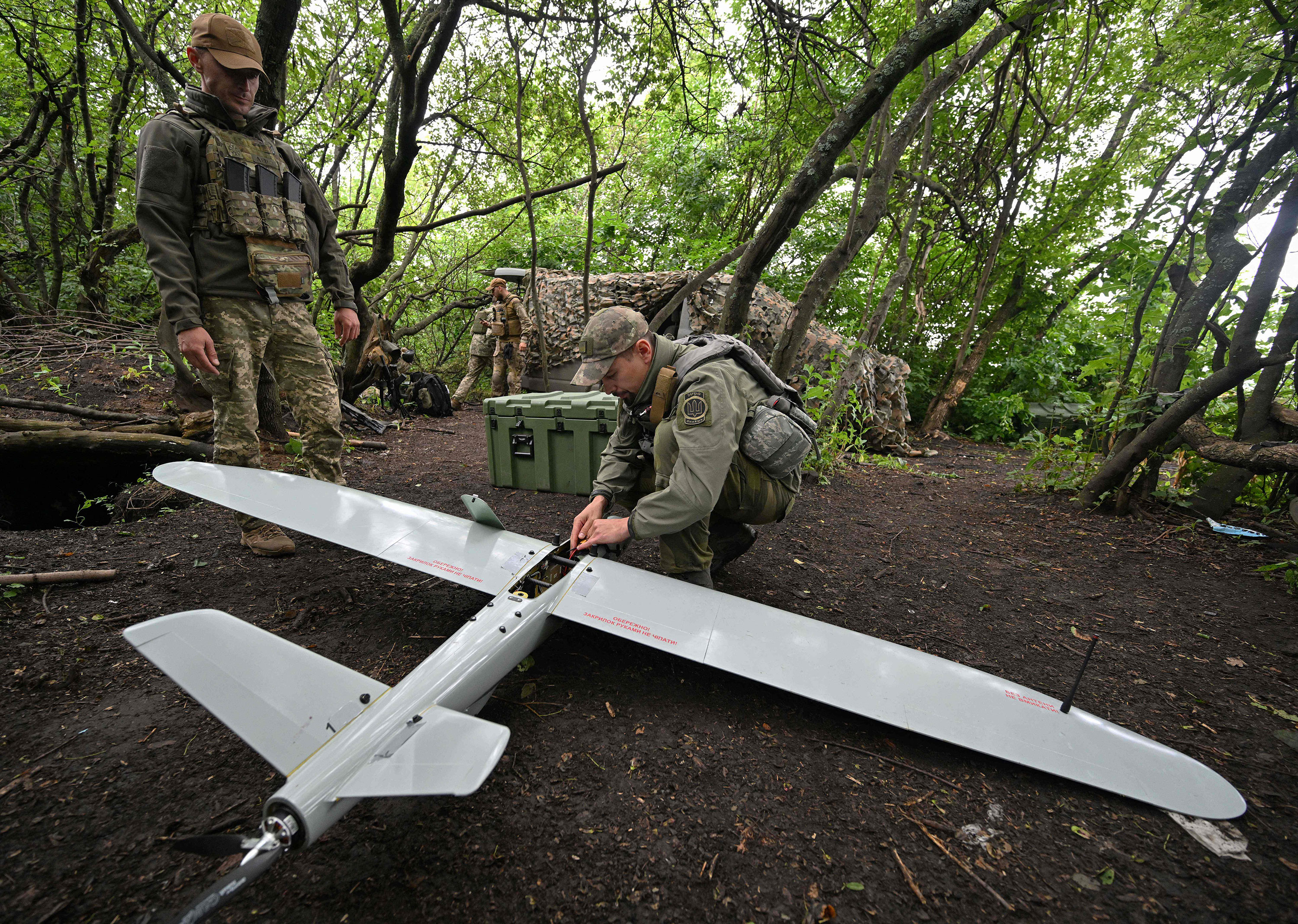 Ukrainian servicemen prepare for a flight of a Leleka reconnaissance UAV in Ukraine's Donetsk region on June 27. 