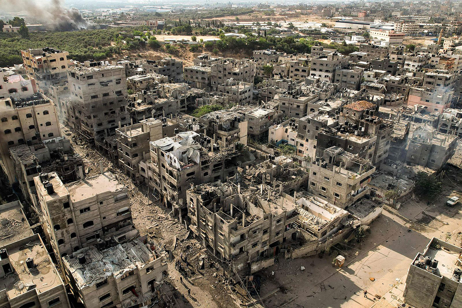 An aerial view of buildings destroyed by Israeli airstrikes at the Jabalia refugee camp in Gaza City on October 11, 2023.