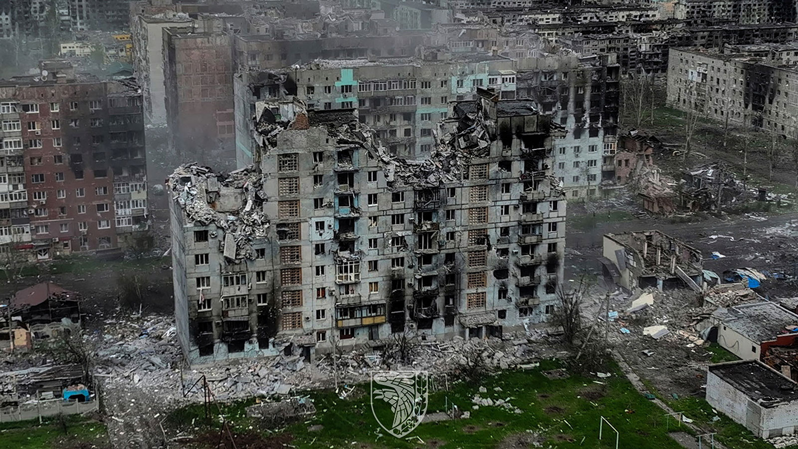 An aerial image shows destruction in the frontline town of Bakhmut, Ukraine,  in this handout picture released on May 21.