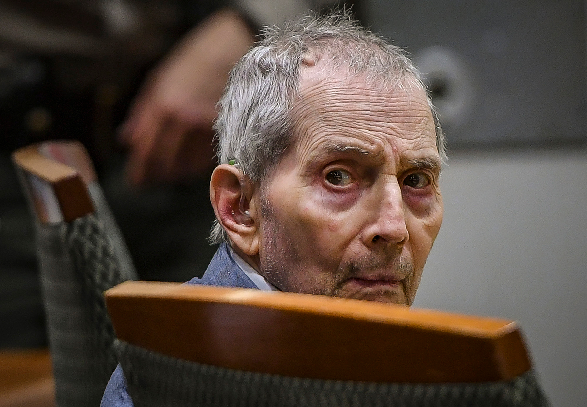 Robert Durst looks back during his murder trial in Los Angeles, on March 5, 2020. 