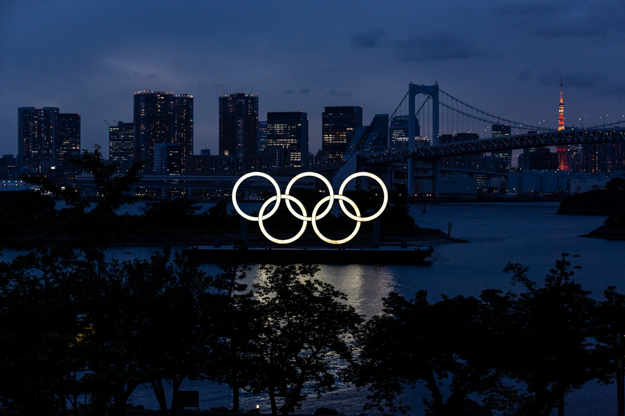 The Olympic Rings are displayed by the Odaiba Marine Park Olympic venue on June 3 in Tokyo. 