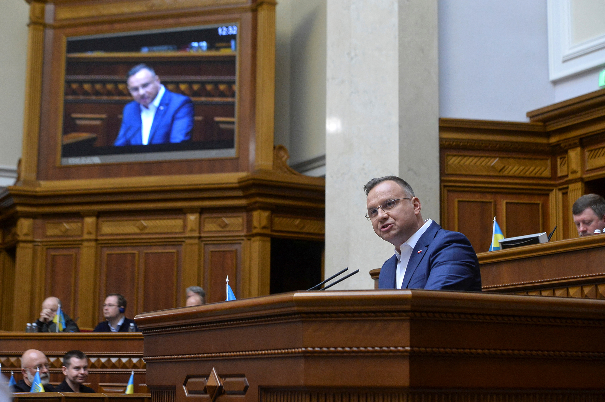 Polish President Andrzej Duda addresses lawmakers during a Ukrainian parliament session in Kyiv on May 22. 