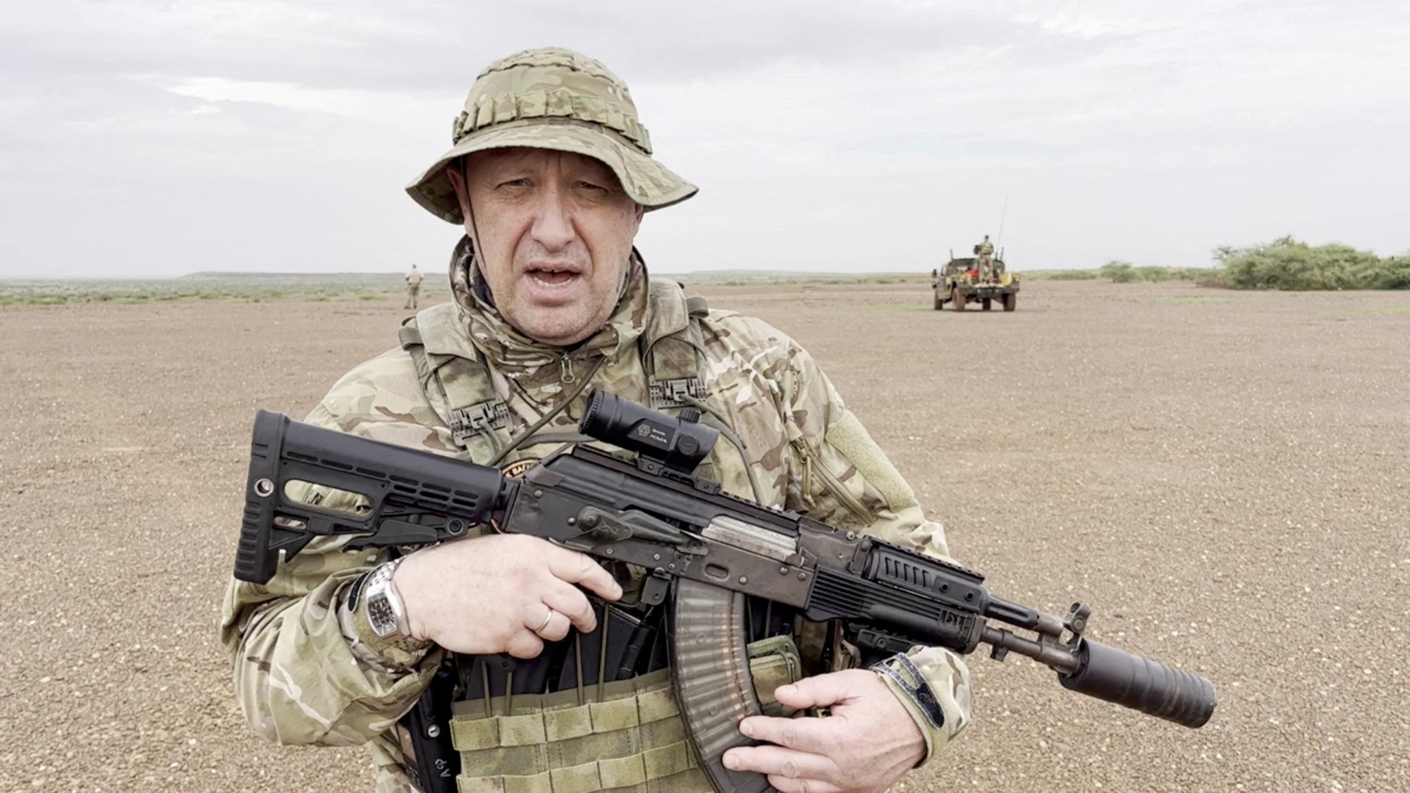 Yevgeny Prigozhin, chief of Russian private mercenary group Wagner, gives an address at an unknown location, in this still image taken from video possibly shot in Africa, on Monday.