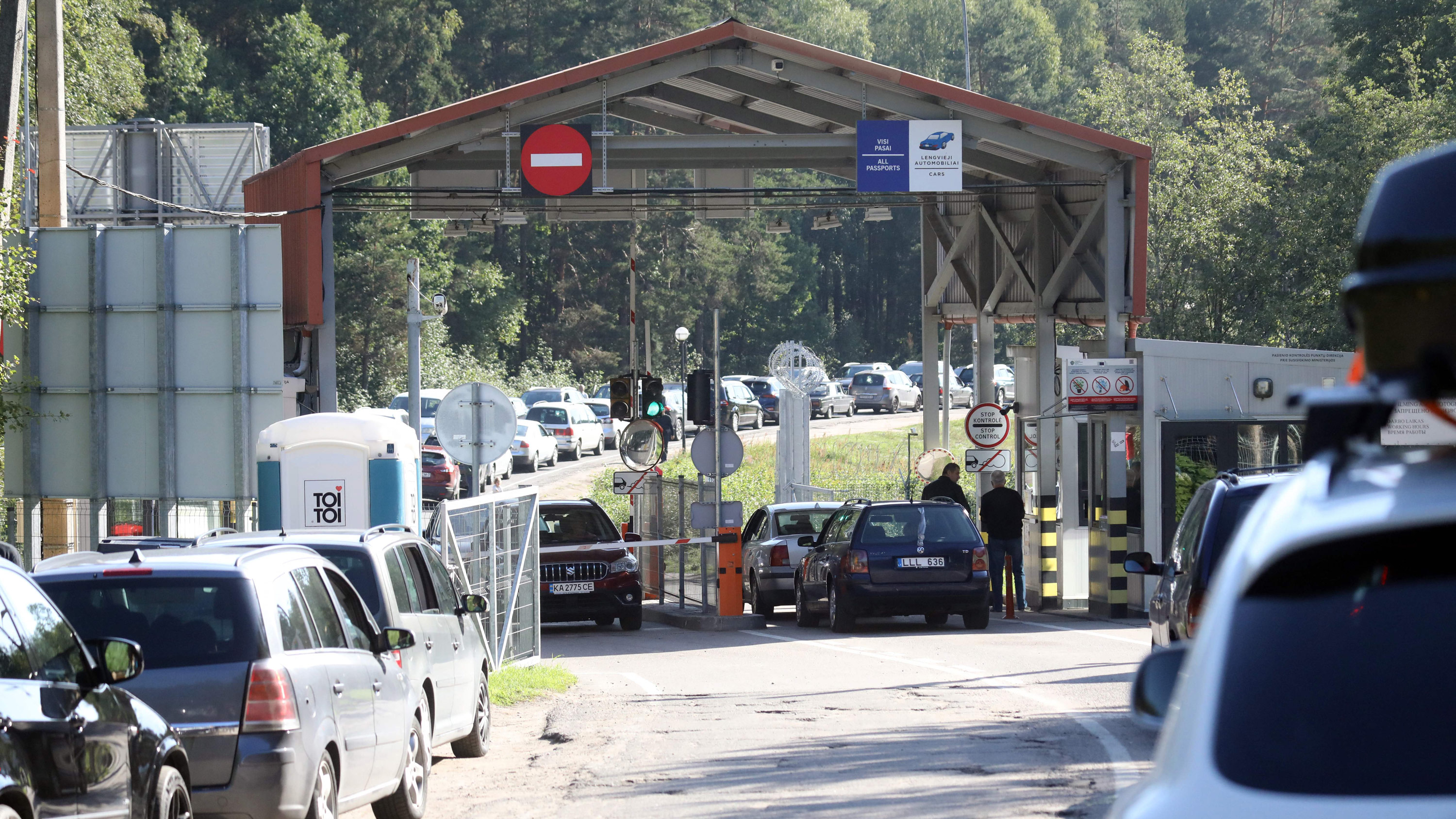 Cars queue at the border crossing point Sumskas between Lithuania and Belarus on August 12, 2023.