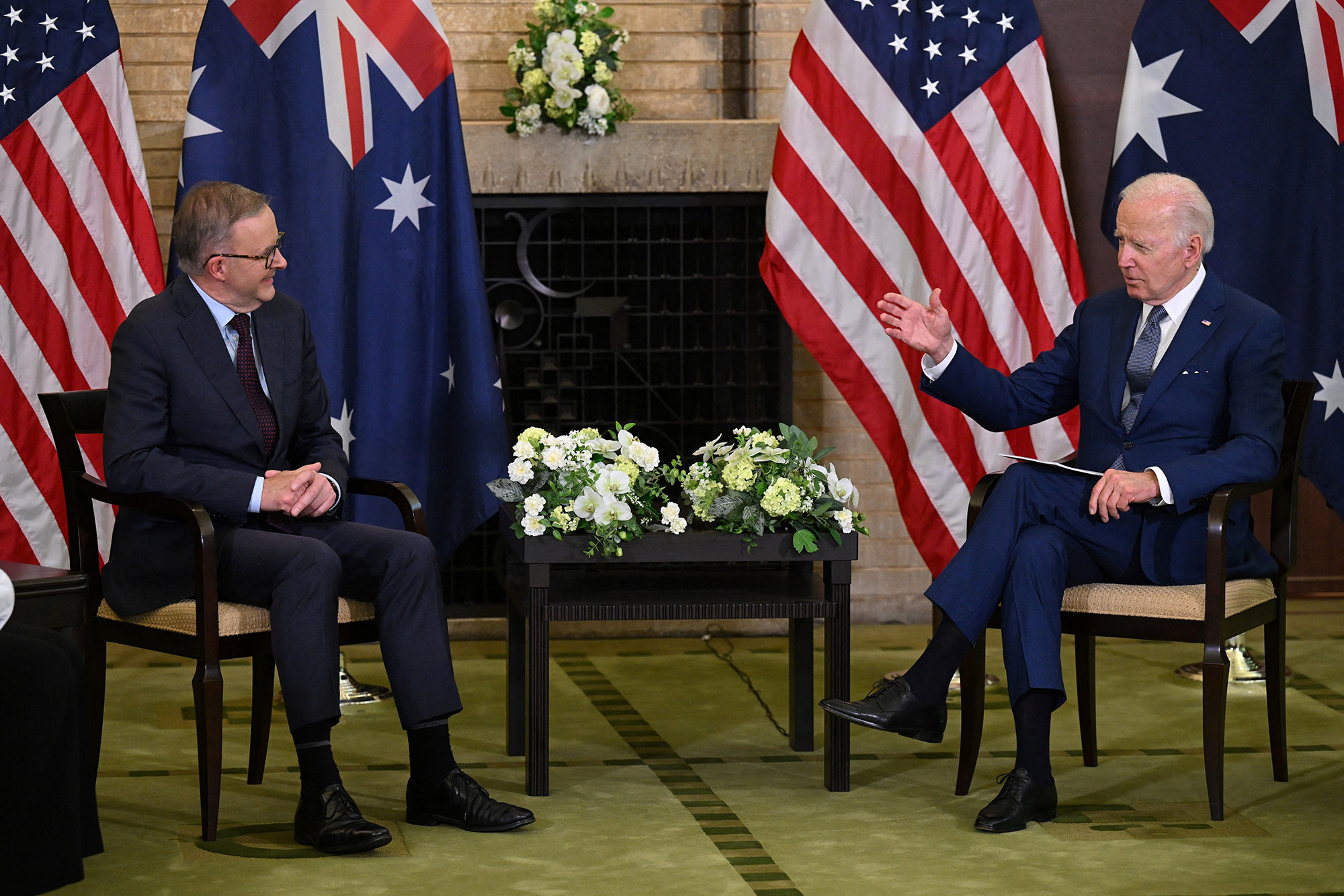 Australian Prime Minister Anthony Albanese, left, and US President Joe Biden hold a meeting during the Quad Leaders Summit at Kantei in Tokyo, Japan, on May 24.