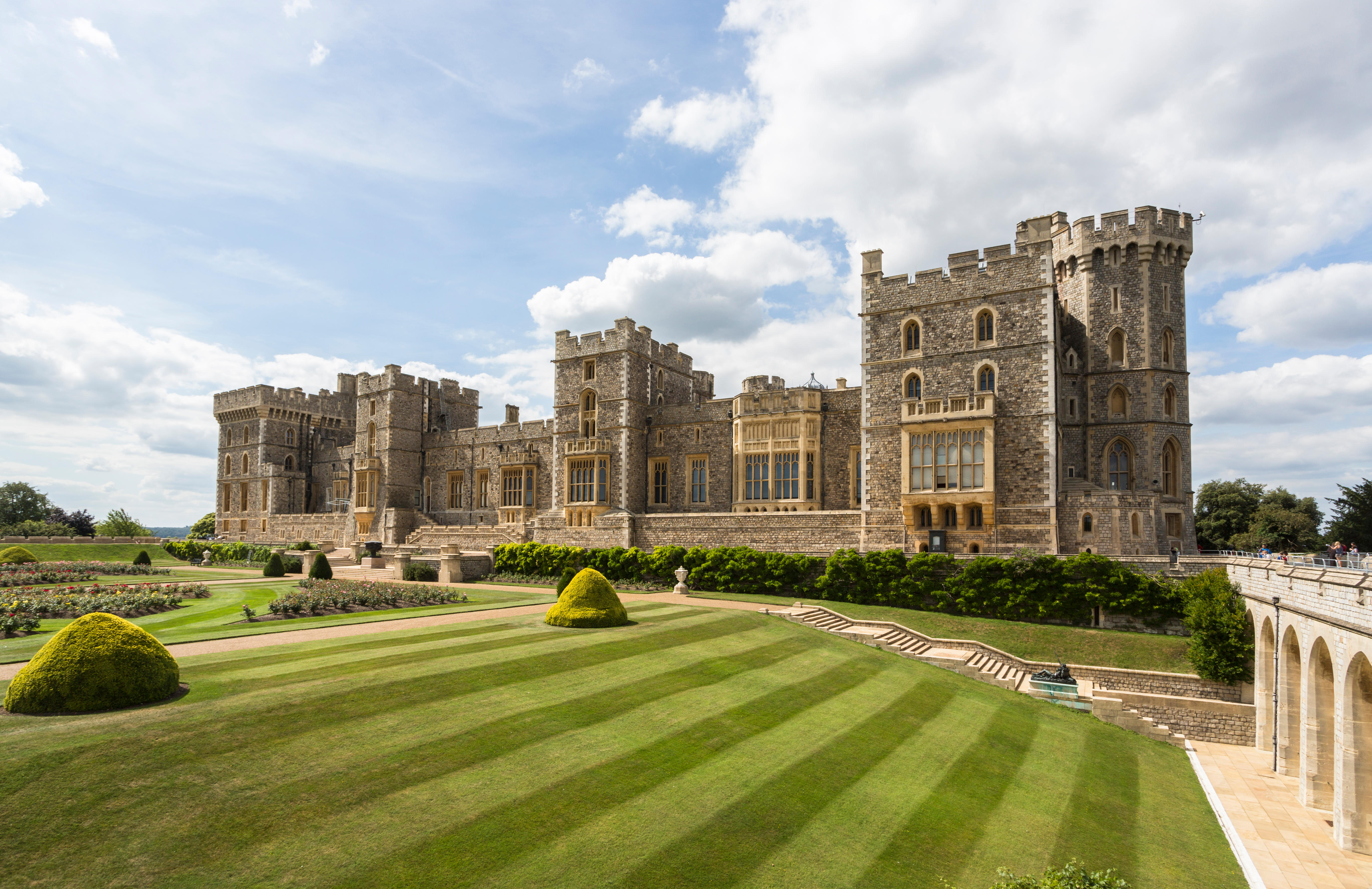 View of Windsor Castle, England, with lawns and gardens, Prince of Wales's Tower and Brunswick Tower