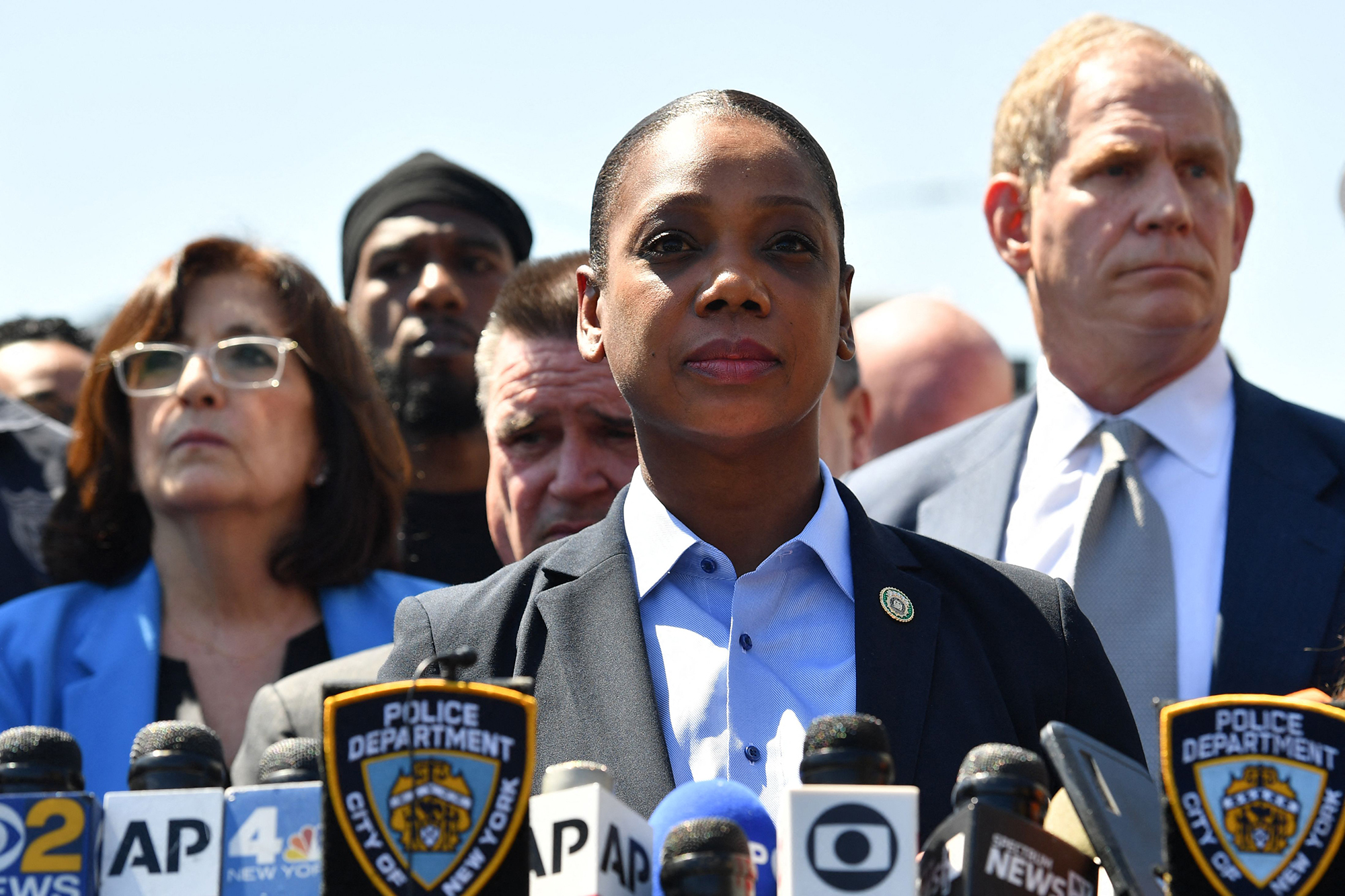 New York Police Department Commissioner Keechant L. Sewell speaks during a press conference following the shooting on April 12 in New York City.