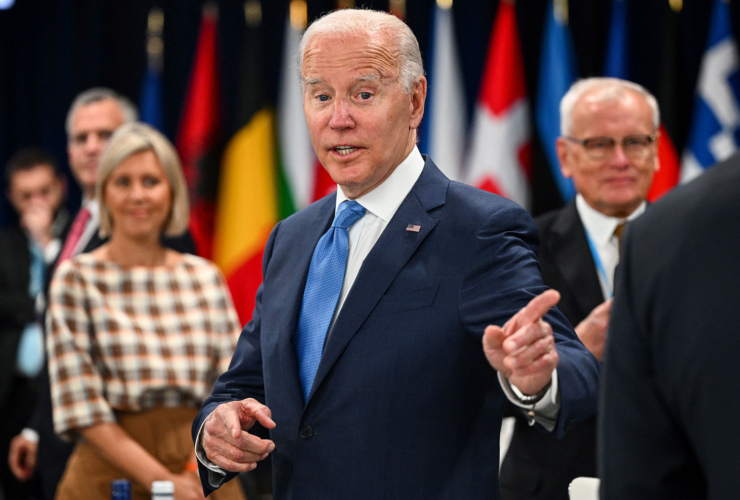 US President Joe Biden gestures at the start of the first plenary session of the NATO summit at the Ifema congress centre in Madrid, Spain, on June 29.