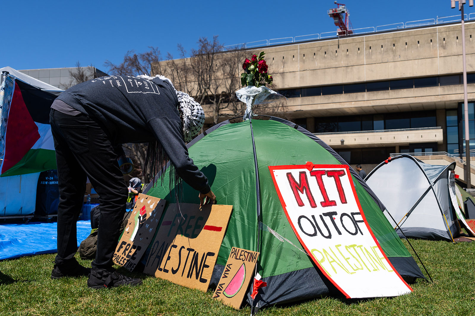 Demonstrators are seen at an encampment at the Massachusetts Institute of Technology in Cambridge on Tuesday.