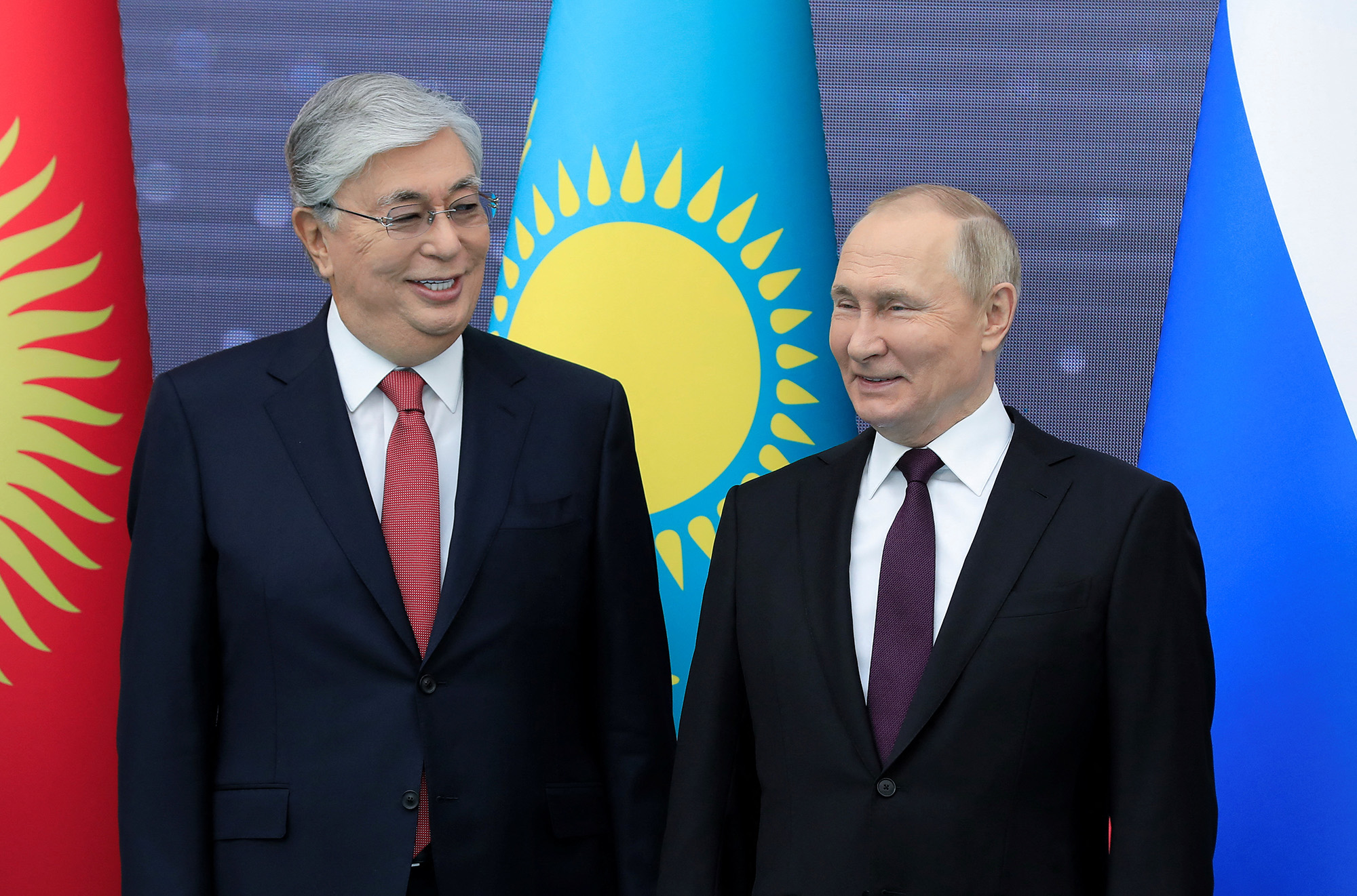 Kazakh President Kassym-Jomart Tokayev and Russian President Vladimir Putin attend the summit of leaders of the Commonwealth of Independent States (CIS) in Astana, Kazakhstan on October 14.