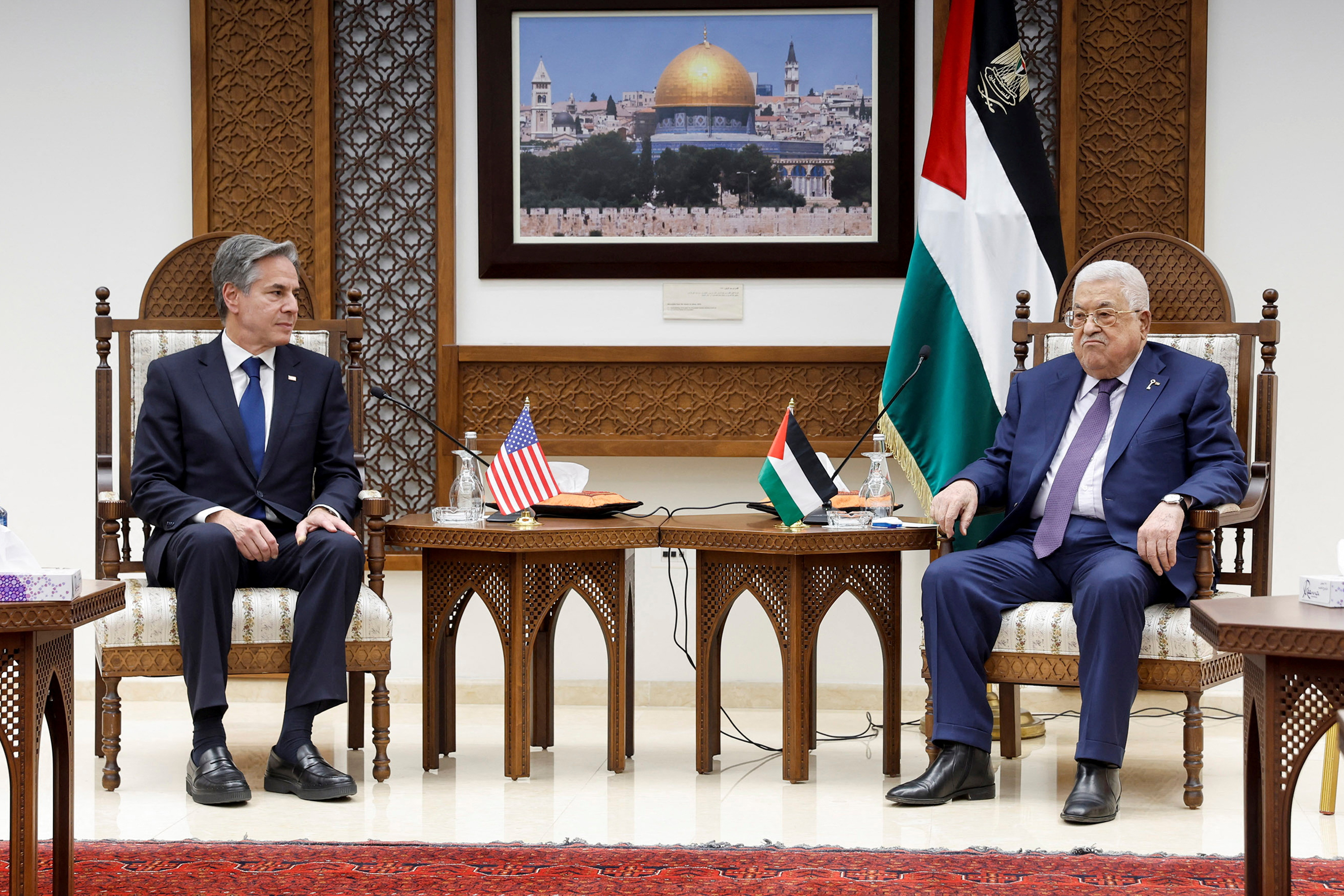 US Secretary of State Antony Blinken meets with Palestinian President Mahmoud Abbas in the West Bank on November 5.