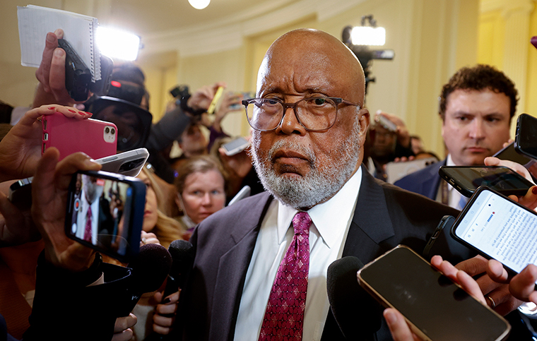 Rep. Bennie Thompson speaks to the media after the committee voted to subpoena former President Donald Trump