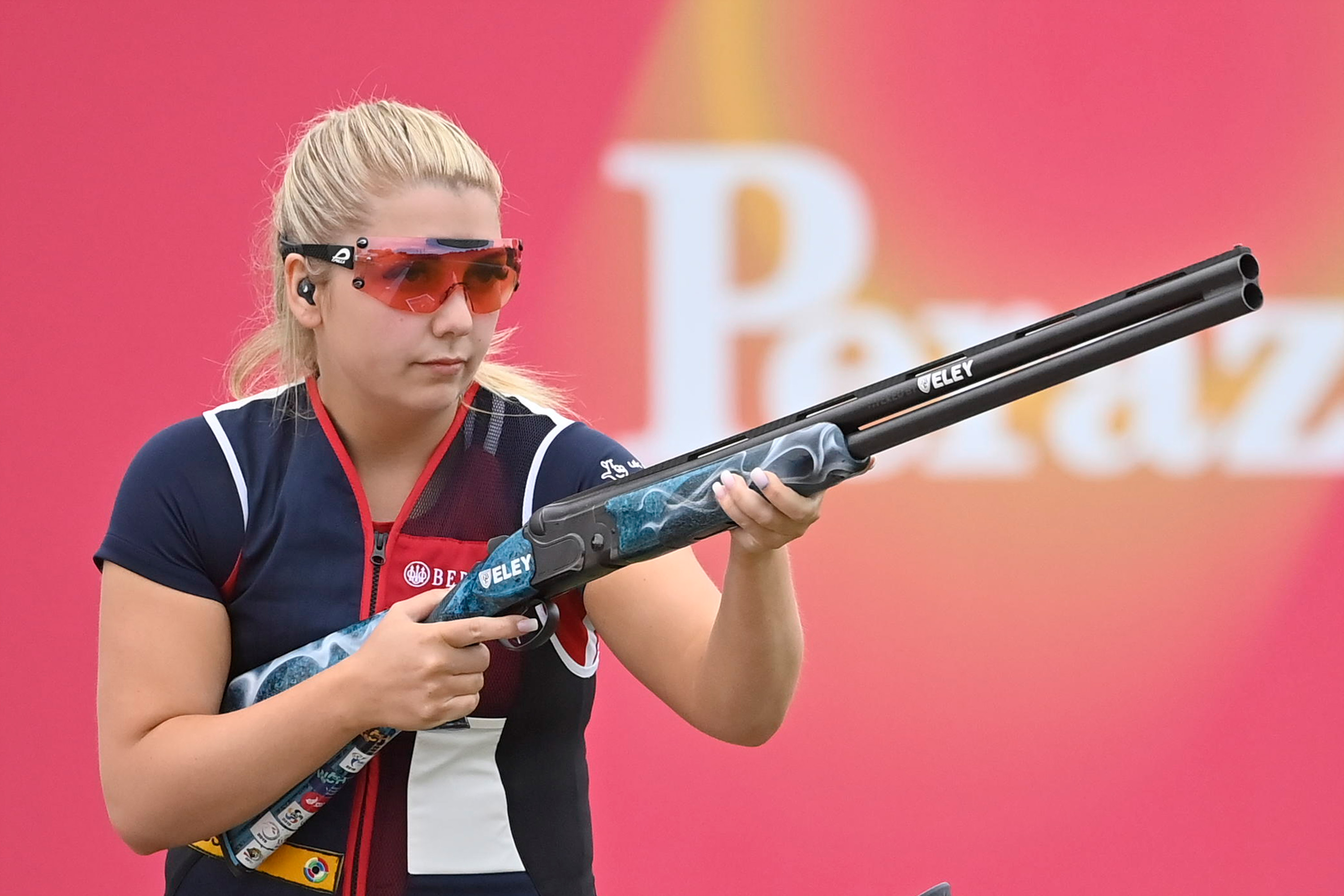 Amber Hill of Great Britain waits to shoot during the ISSF World Cup Shotgun on May 10 in Desenzano del Garda, Italy. 