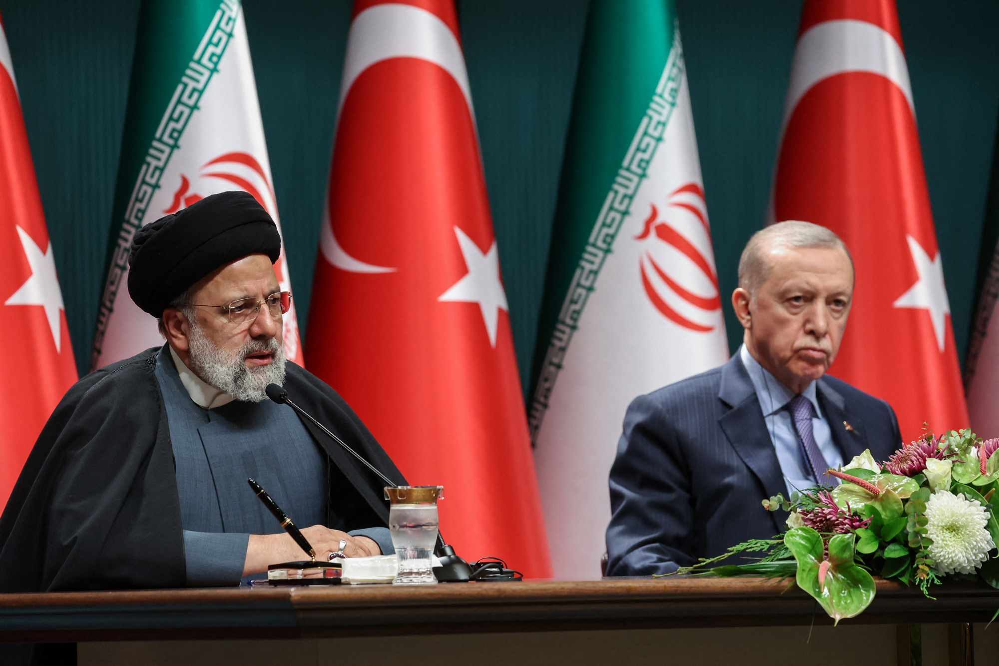 From left, Iran's President Ebrahim Raisi and Turkey's President Recep Tayyip Erdogan attend a joint press conference in Ankara, Turkey, on January 24.