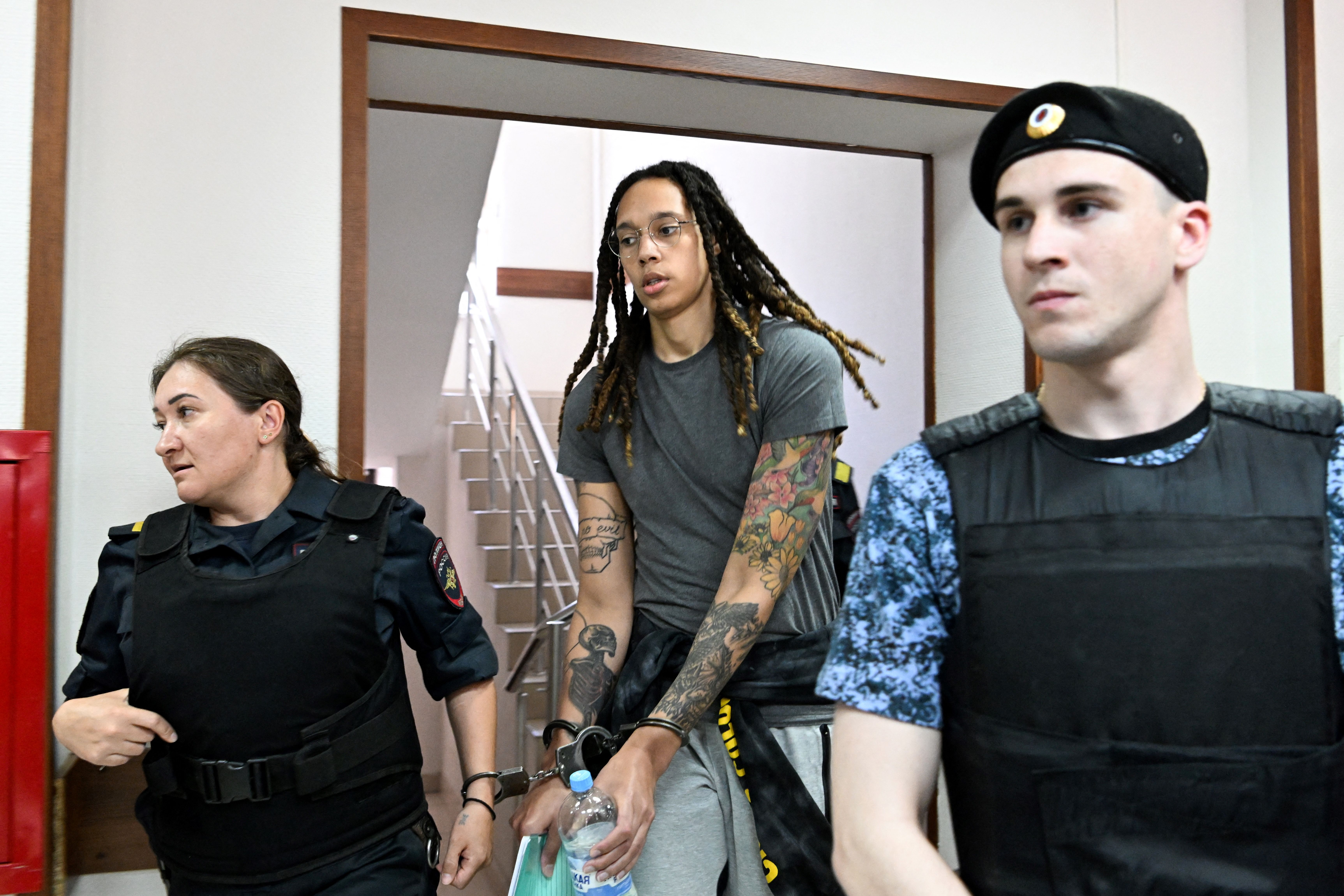 Brittney Griner arrives to a hearing at the Khimki Court, outside Moscow on June 27.