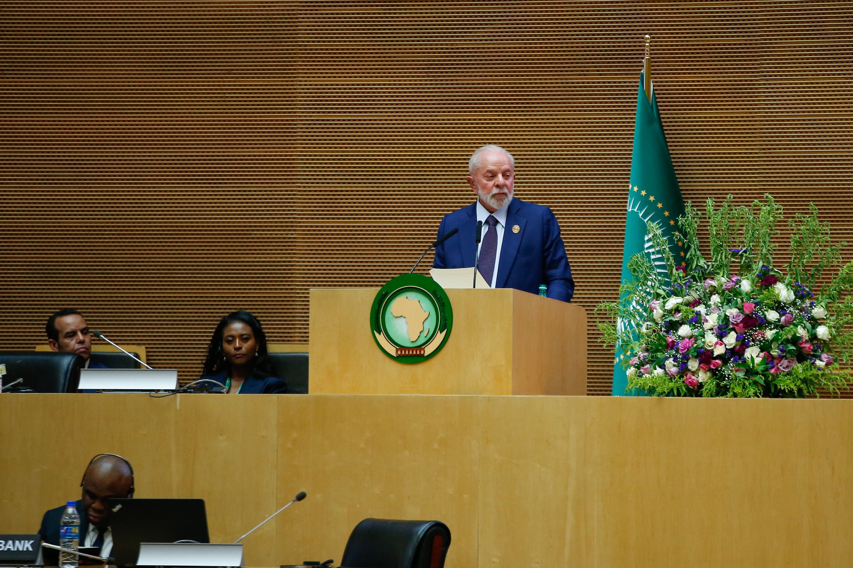 Brazilian President Luiz Inácio Lula da Silva addresses heads of state during an African Union summit in Addis Ababa, Ethiopia, on February 17.