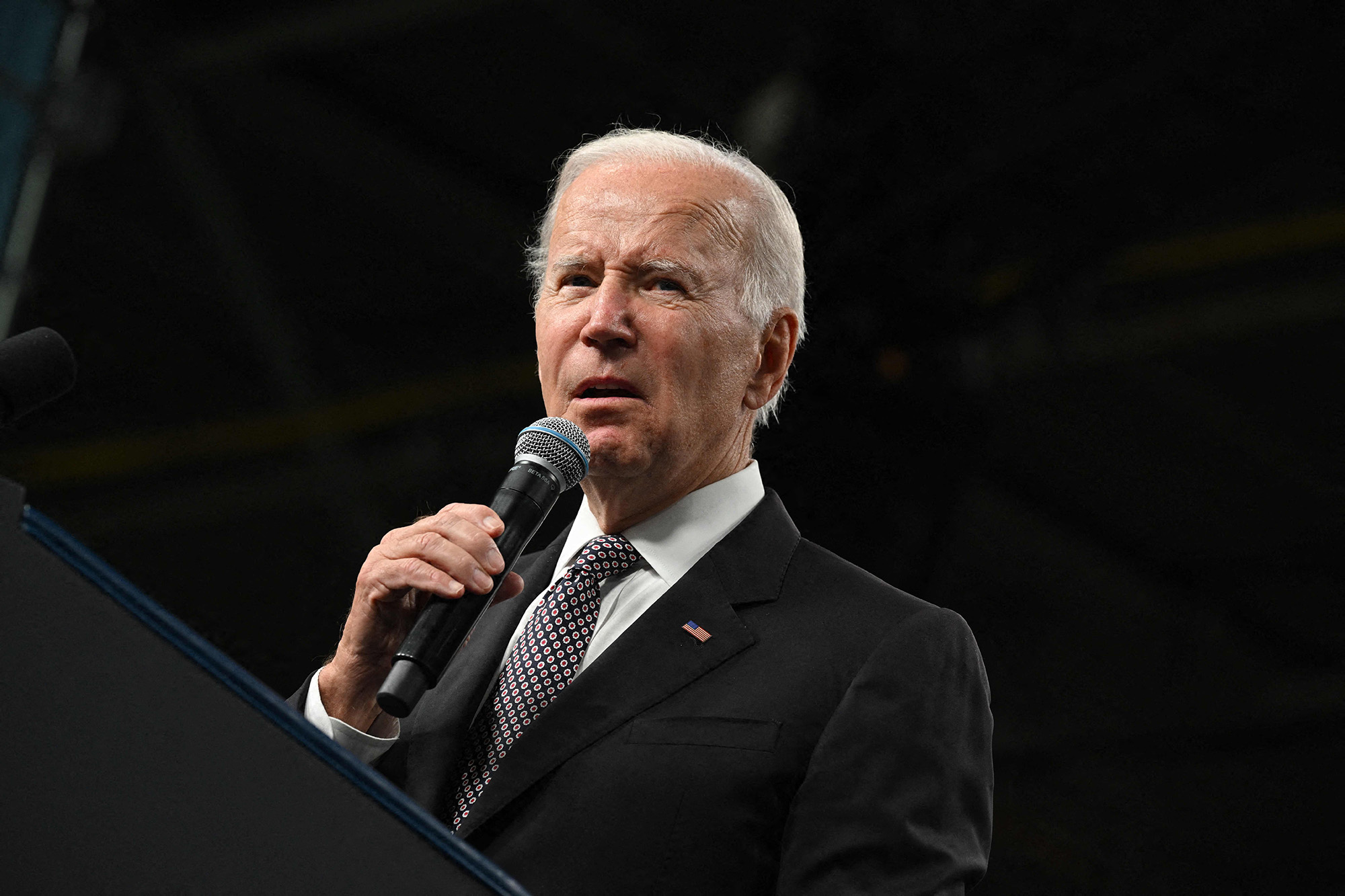 President Joe Biden delivers remarks at the IBM facility in Poughkeepsie, New York, on October 6.