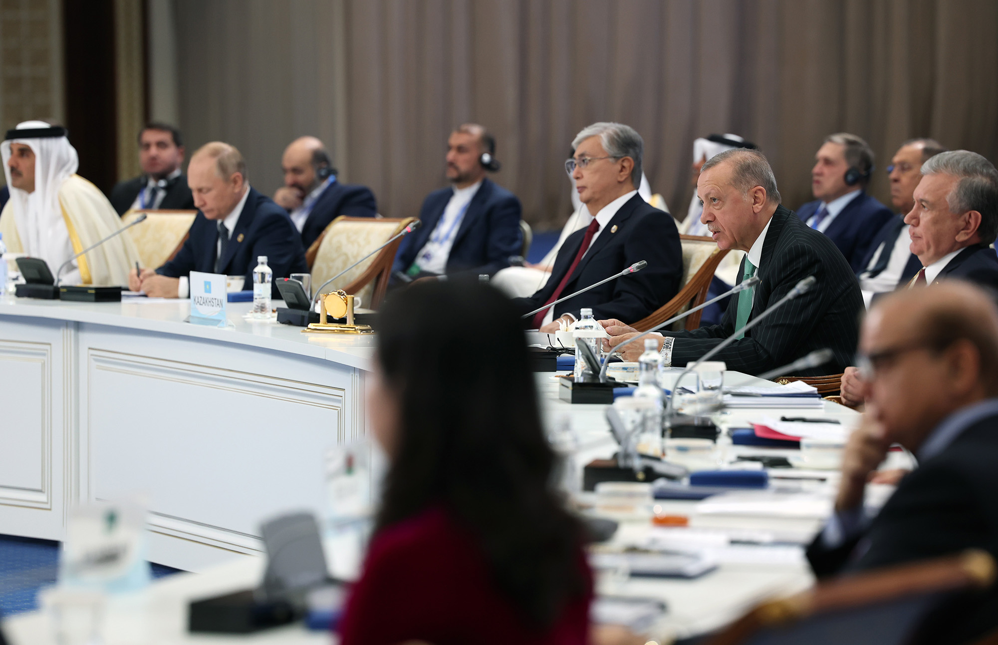 Turkish President Recep Tayyip Erdogan, fifth right, speaks during the Conference on Interaction and Confidence Building Measures in Asia (CICA) in Astana, Kazakhstan, on October 13.