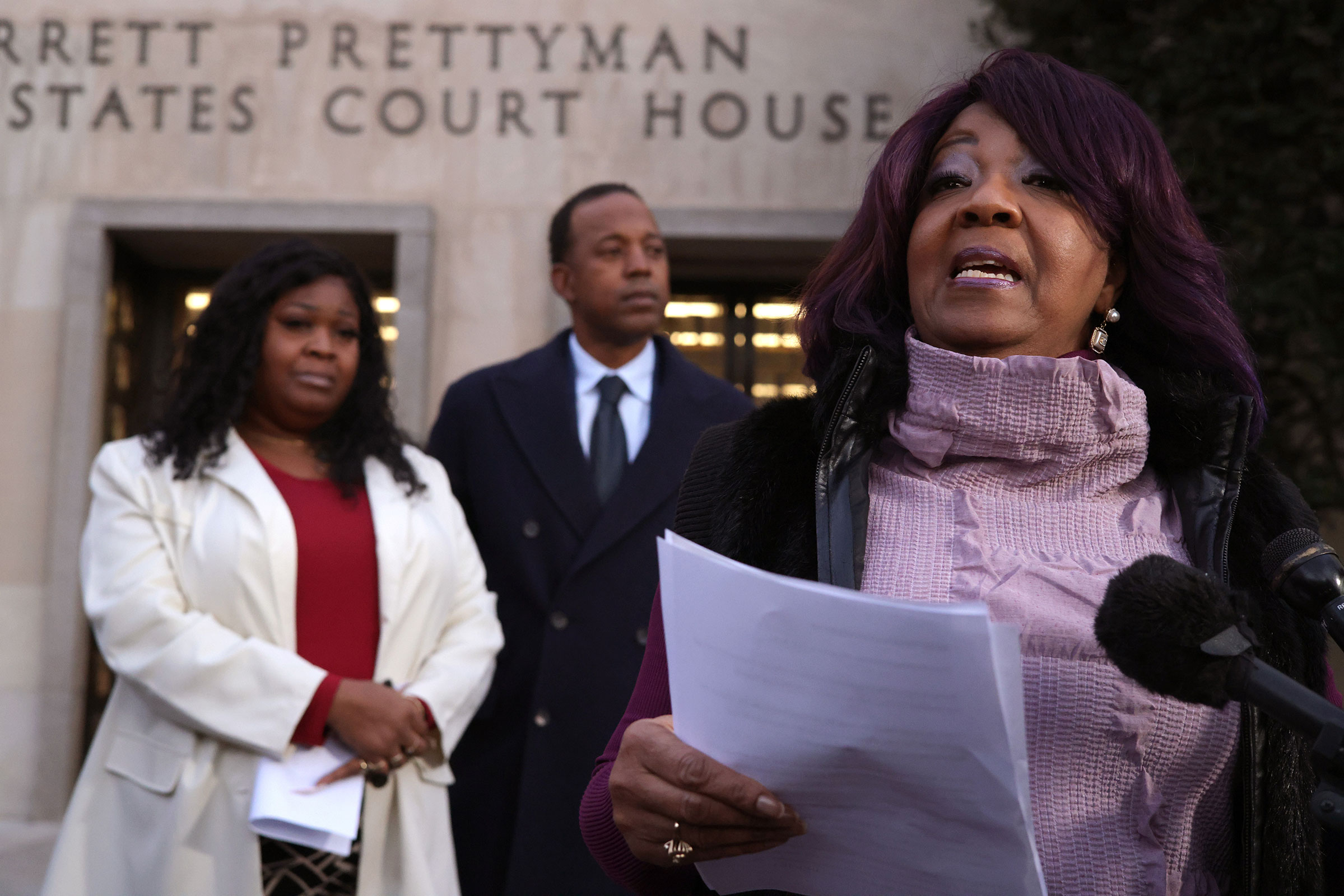 Georgia election workers Ruby Freeman and her daughter Shaye Moss speak outside of the E. Barrett Prettyman U.S. District Courthouse on December 15, 2023 in Washington, DC.
