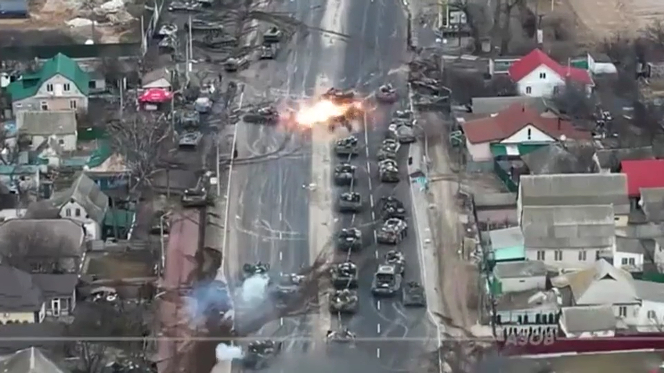 A frame from footage provided by Ukrainian Military Defense shows an ambush on a column of Russian tanks.
