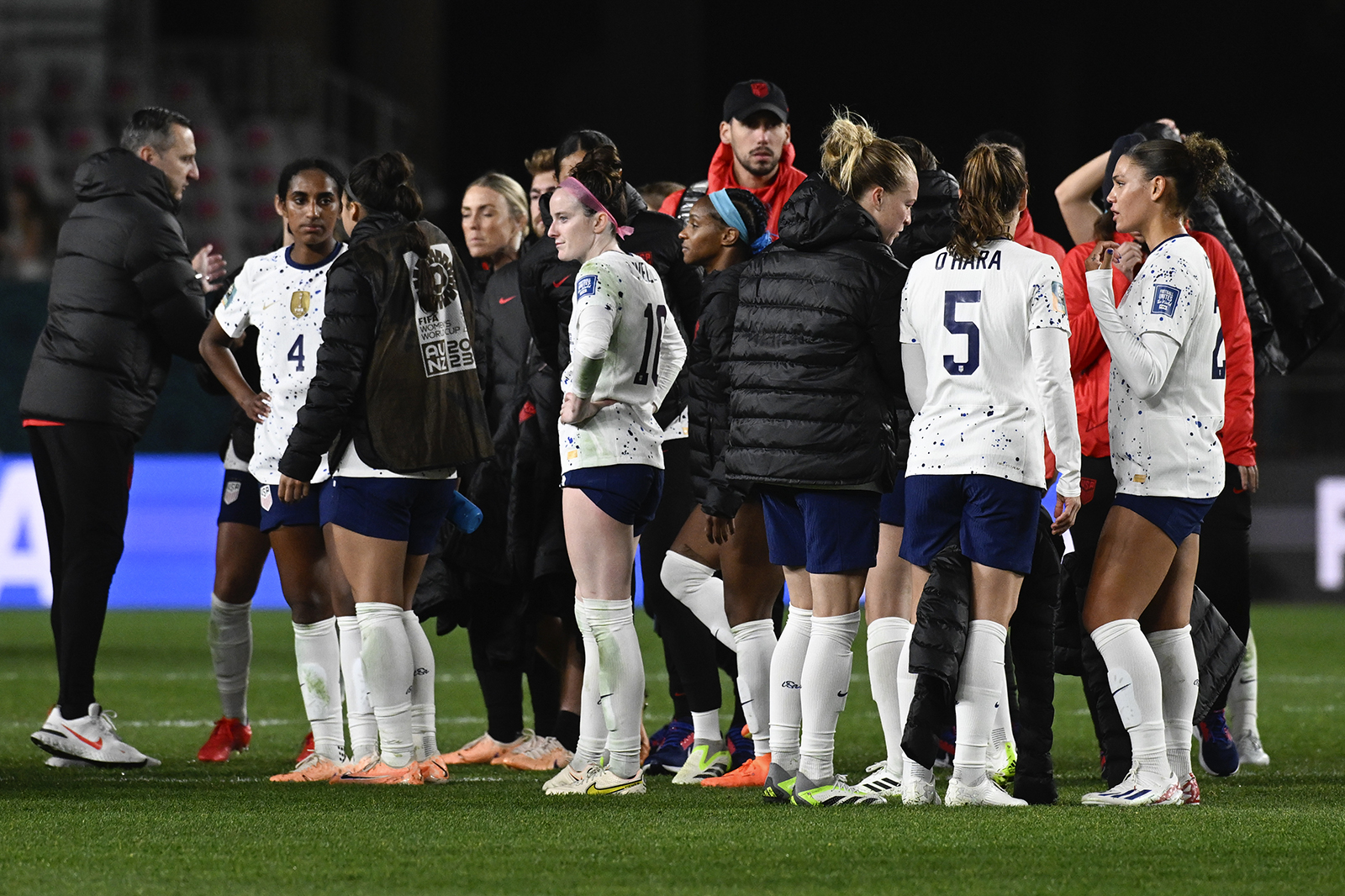 US players react following the Women's World Cup Group E soccer match between Portugal and the United States at Eden Park in Auckland, New Zealand earlier today.
