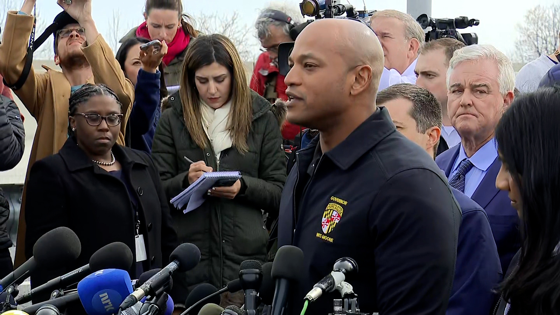 Maryland Gov. Wes Moore speaks during a press conference in Baltimore on Tuesday. 