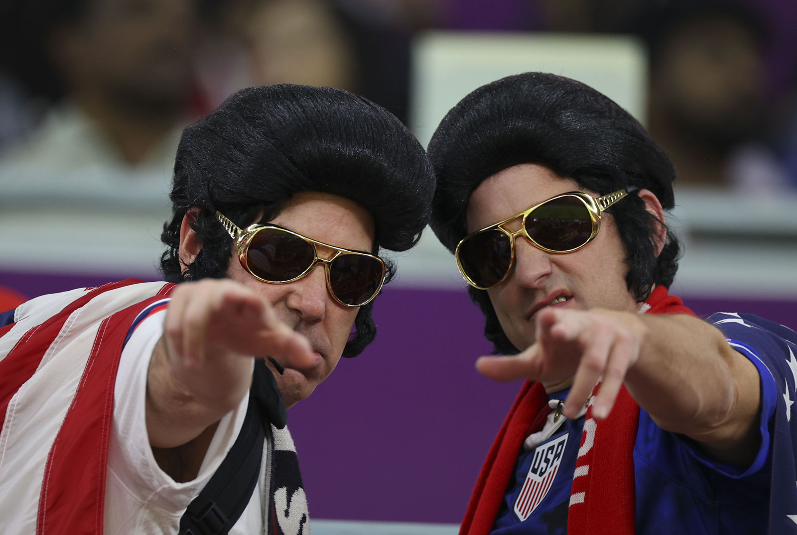 Two Elvis-themed fans are seen prior to the match between USA and Wales on November 21.