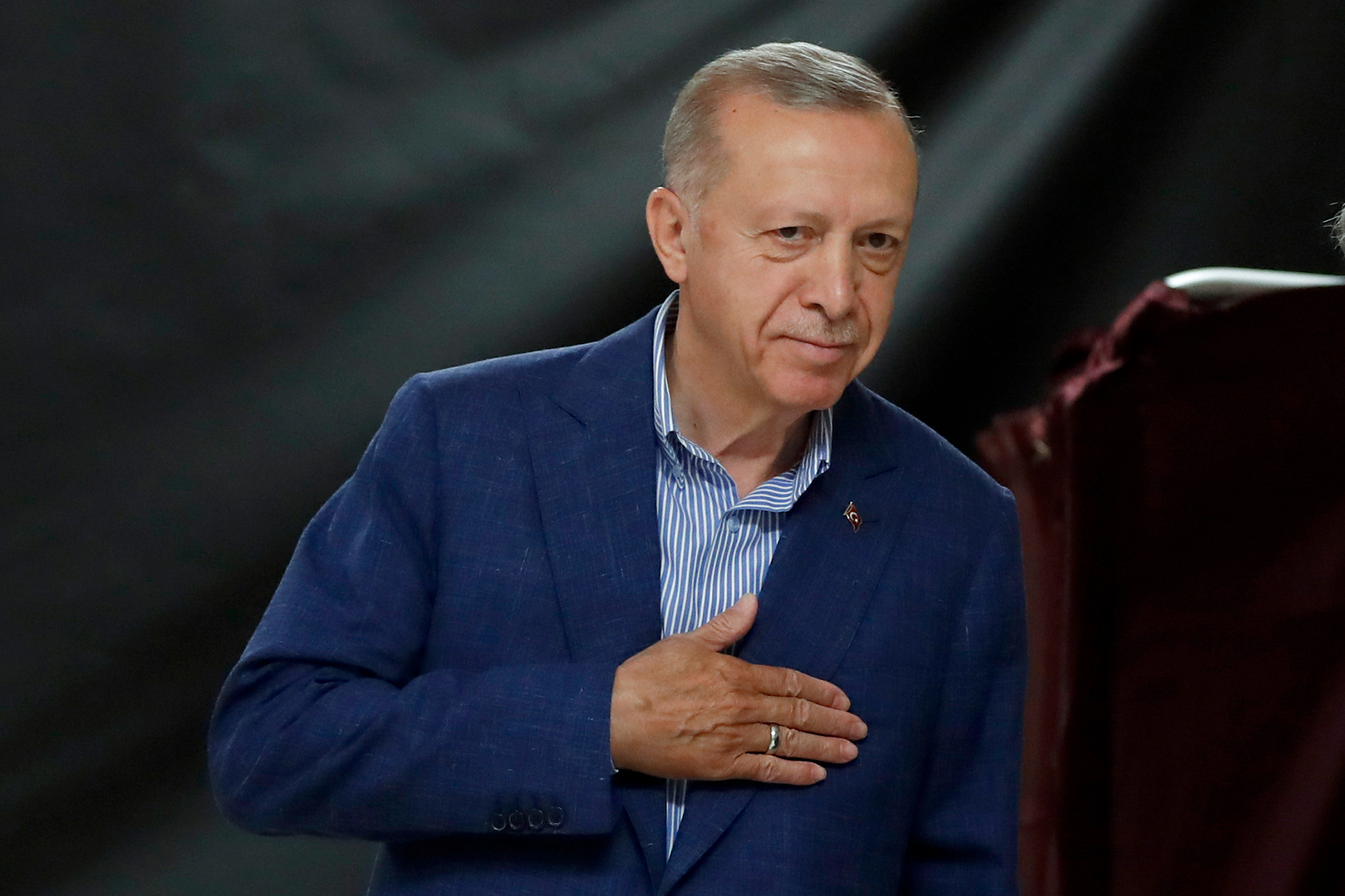 Turkish President Recep Tayyip Erdogan arrives to vote at a polling station in Istanbul, Turkey, on Sunday, May 28. 