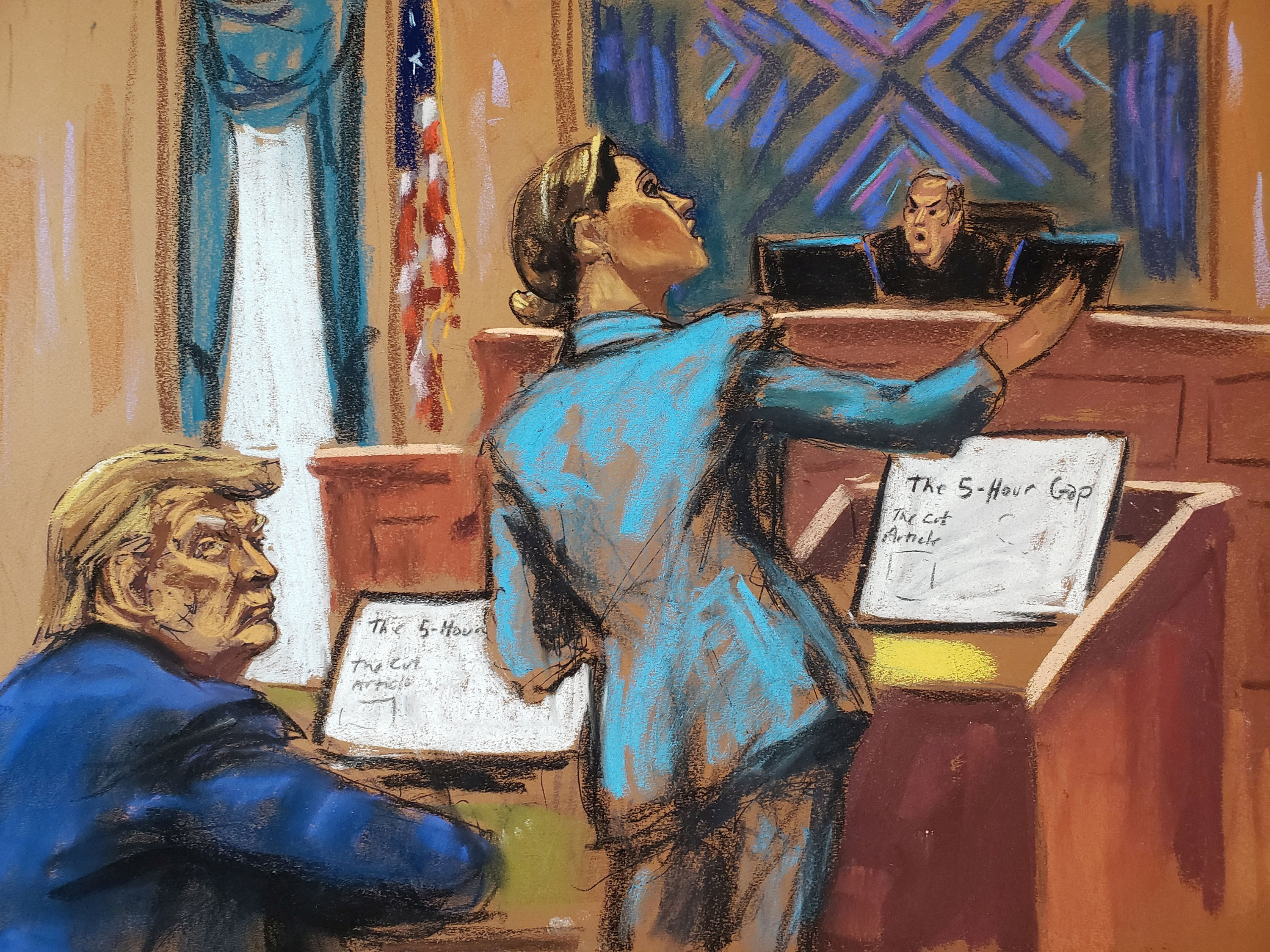 Donald Trump looks on as his attorney Alina Habba delivers closing arguments on January 26, in this courtroom sketch. 